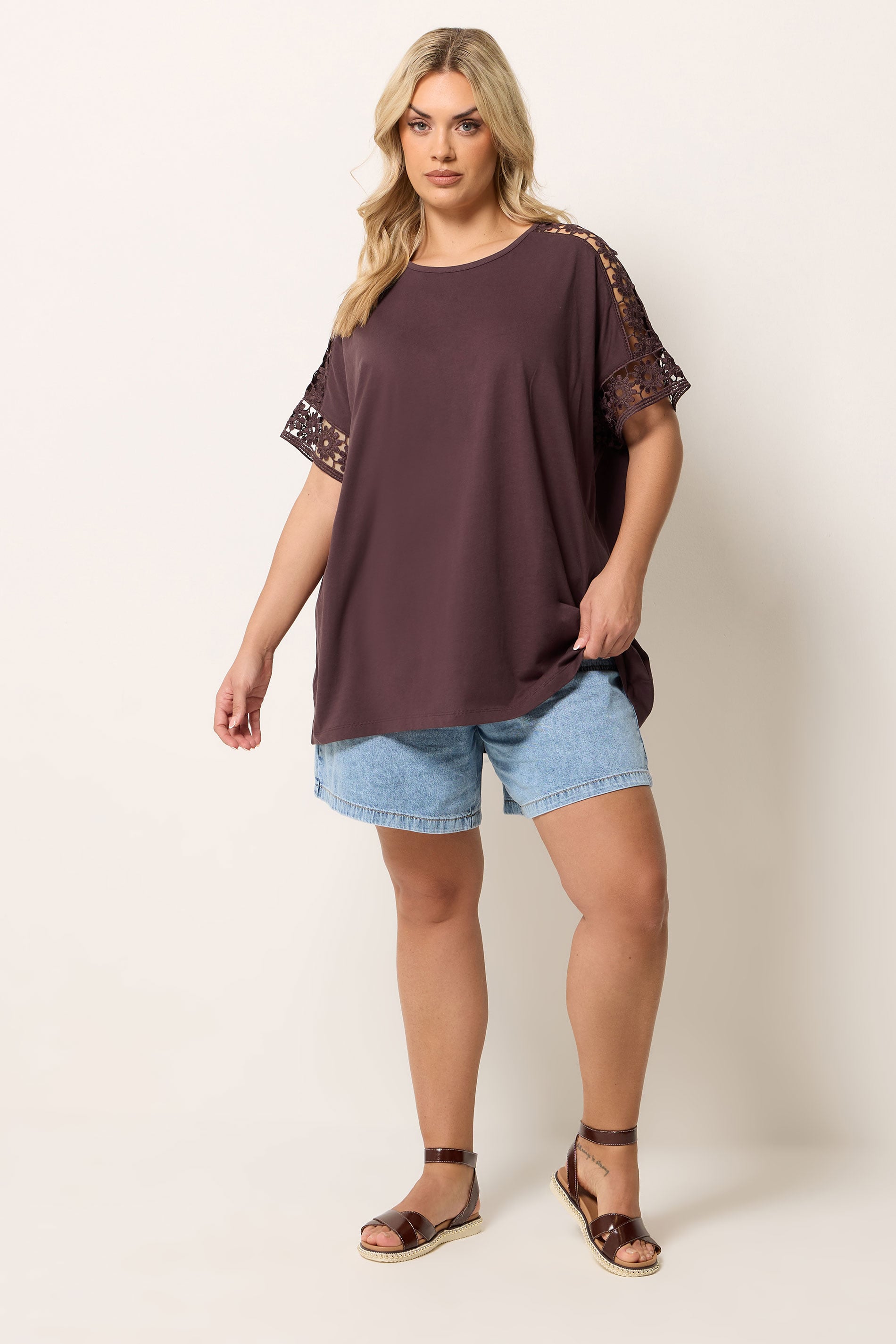 YOURS Plus Size Chocolate Brown Crochet T-Shirt | Yours Clothing 1