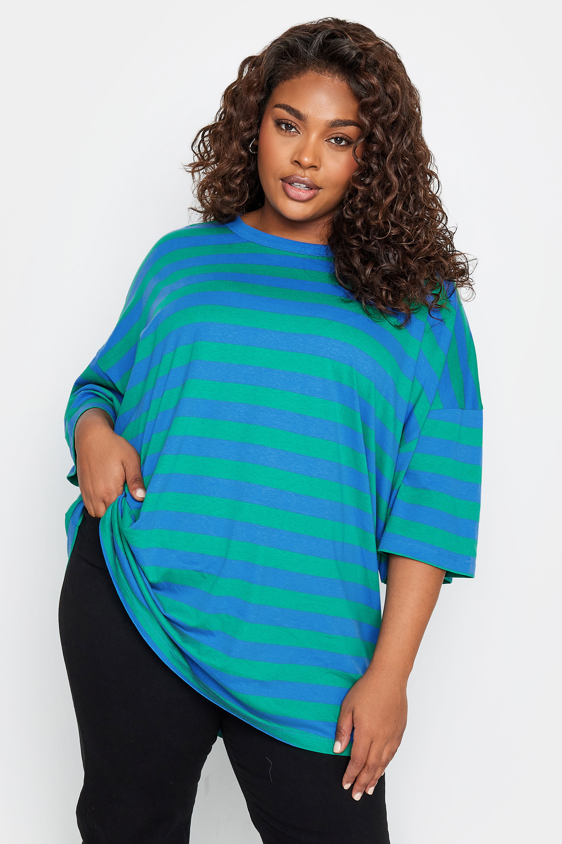 LIMITED COLLECTION Curve Blue & Green Stripe Boxy T-Shirt | Yours Clothing  1