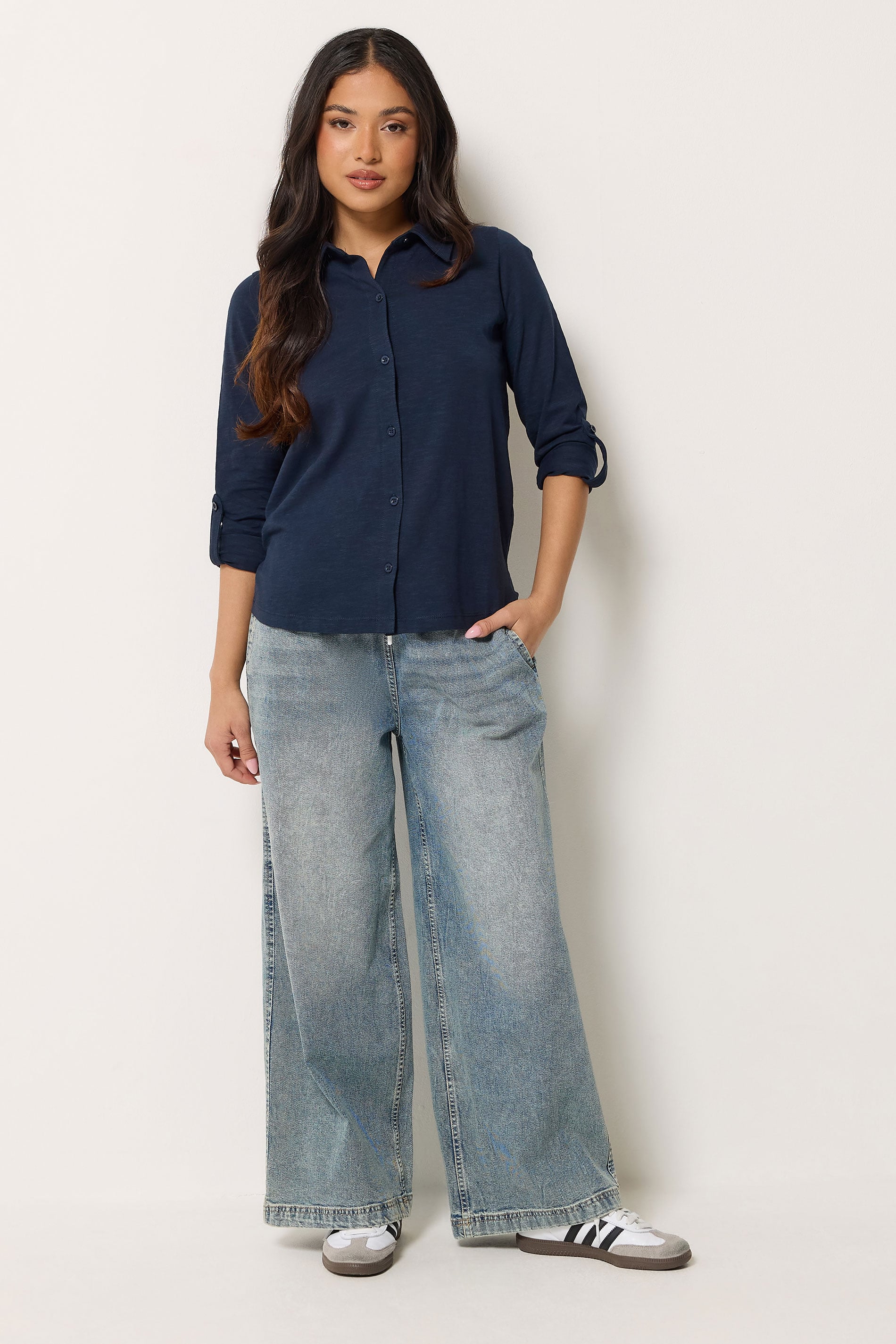 PixieGirl Petite Women's Navy Blue Button Cotton Shirt | PixieGirl 1