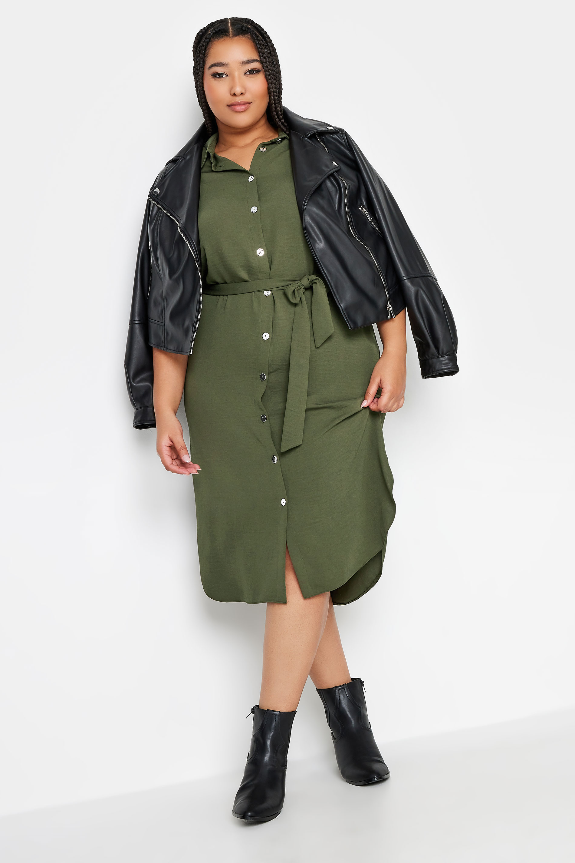 YOURS Plus Size Khaki Green Midi Shirt Dress | Yours Clothing 2