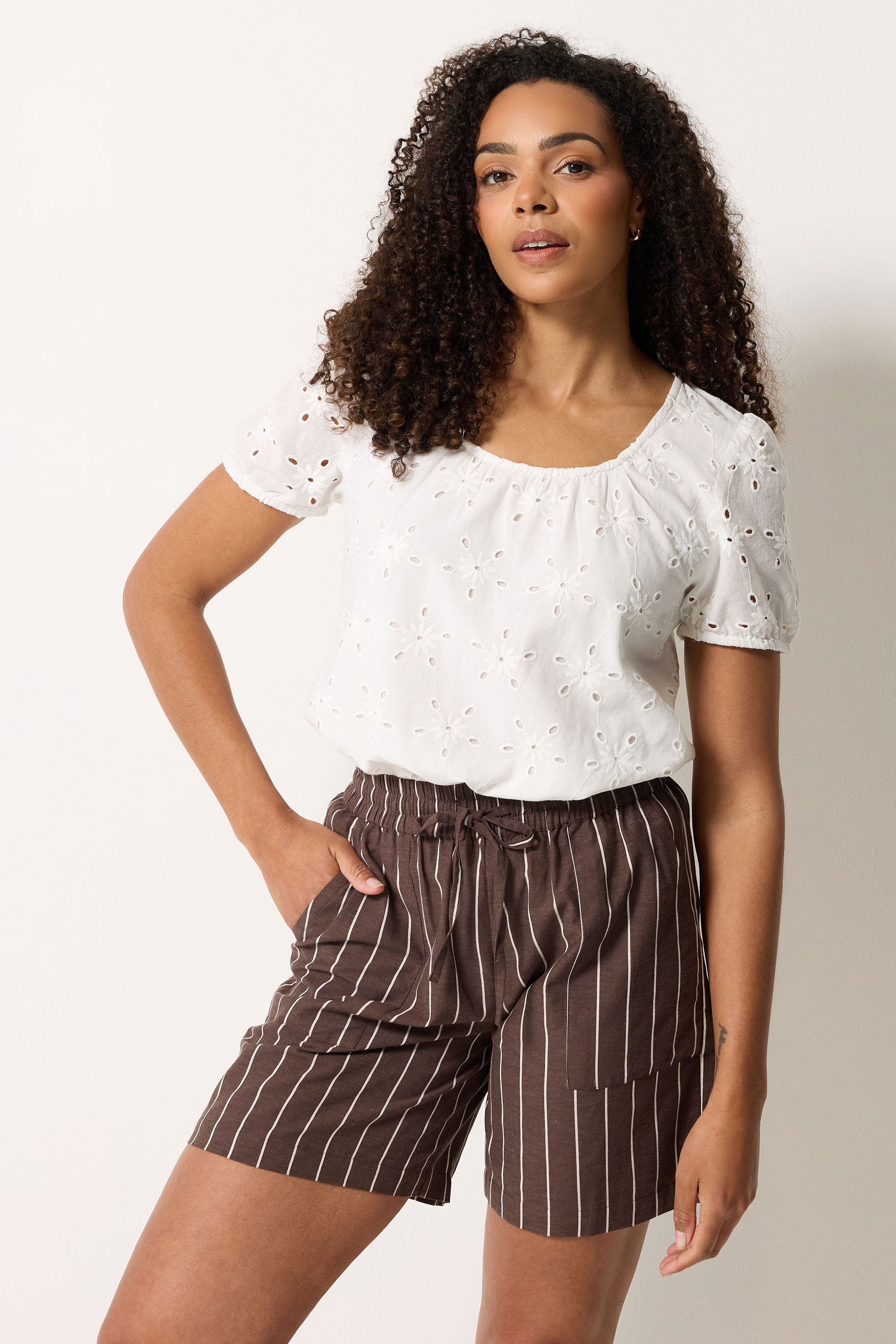 M&Co Chocolate Brown Striped Linen Shorts | M&Co 3