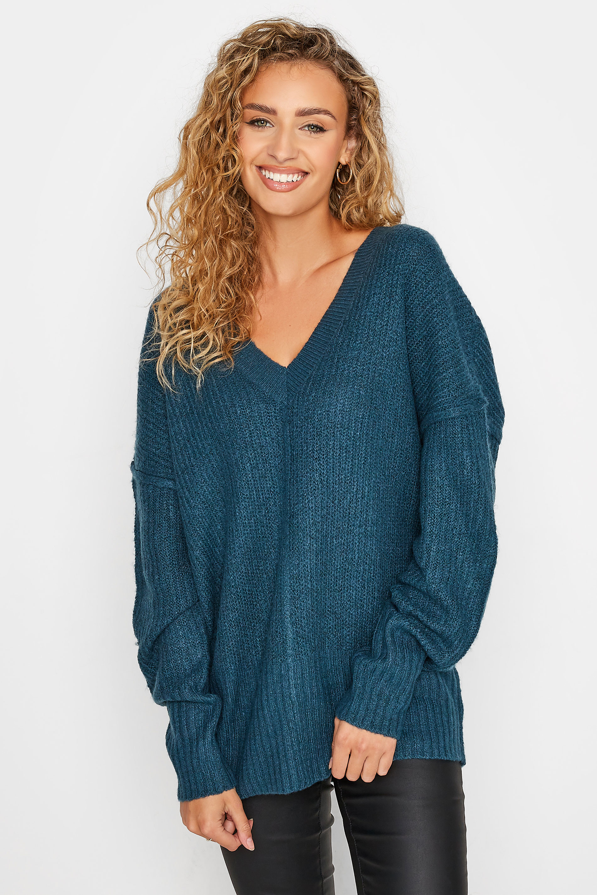 LTS Tall Women's Teal Blue V-Neck Knitted Jumper| Long Tall Sally  1