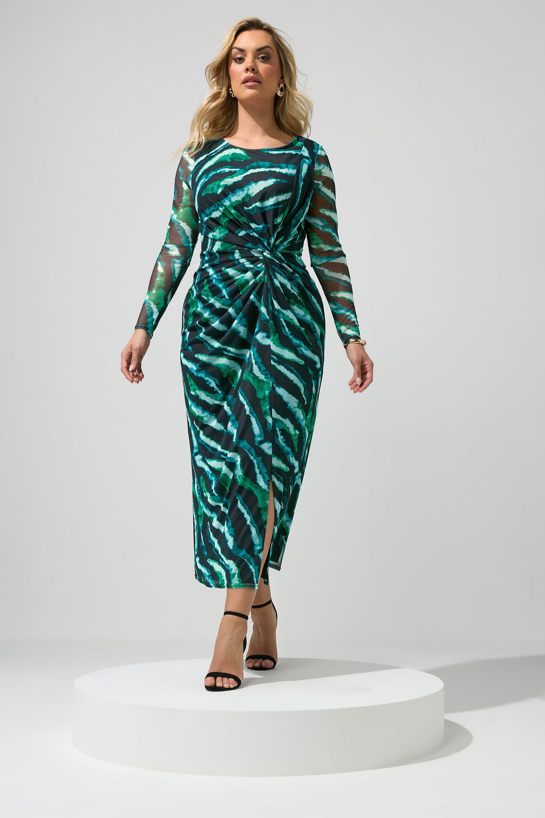 YOURS LONDON Plus Size Mint Green Zebra Mesh Side Knot Midi Dress | Yours Clothing 1