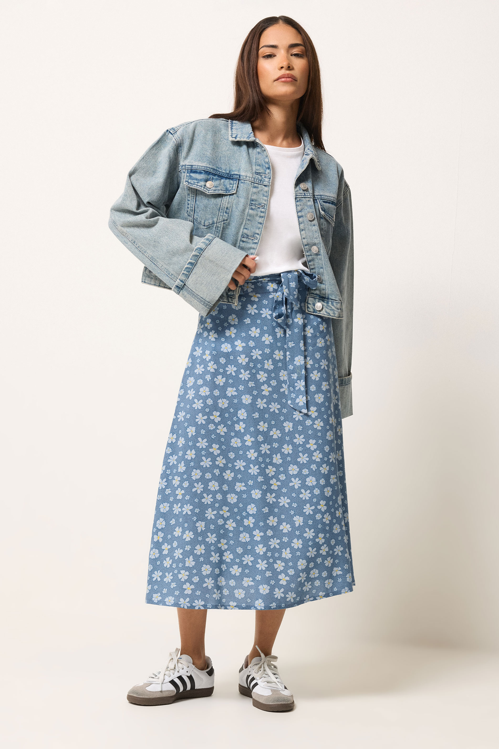 PixieGirl Petite Women's Blue Daisy Belted Midi Skirt | PixieGirl 3