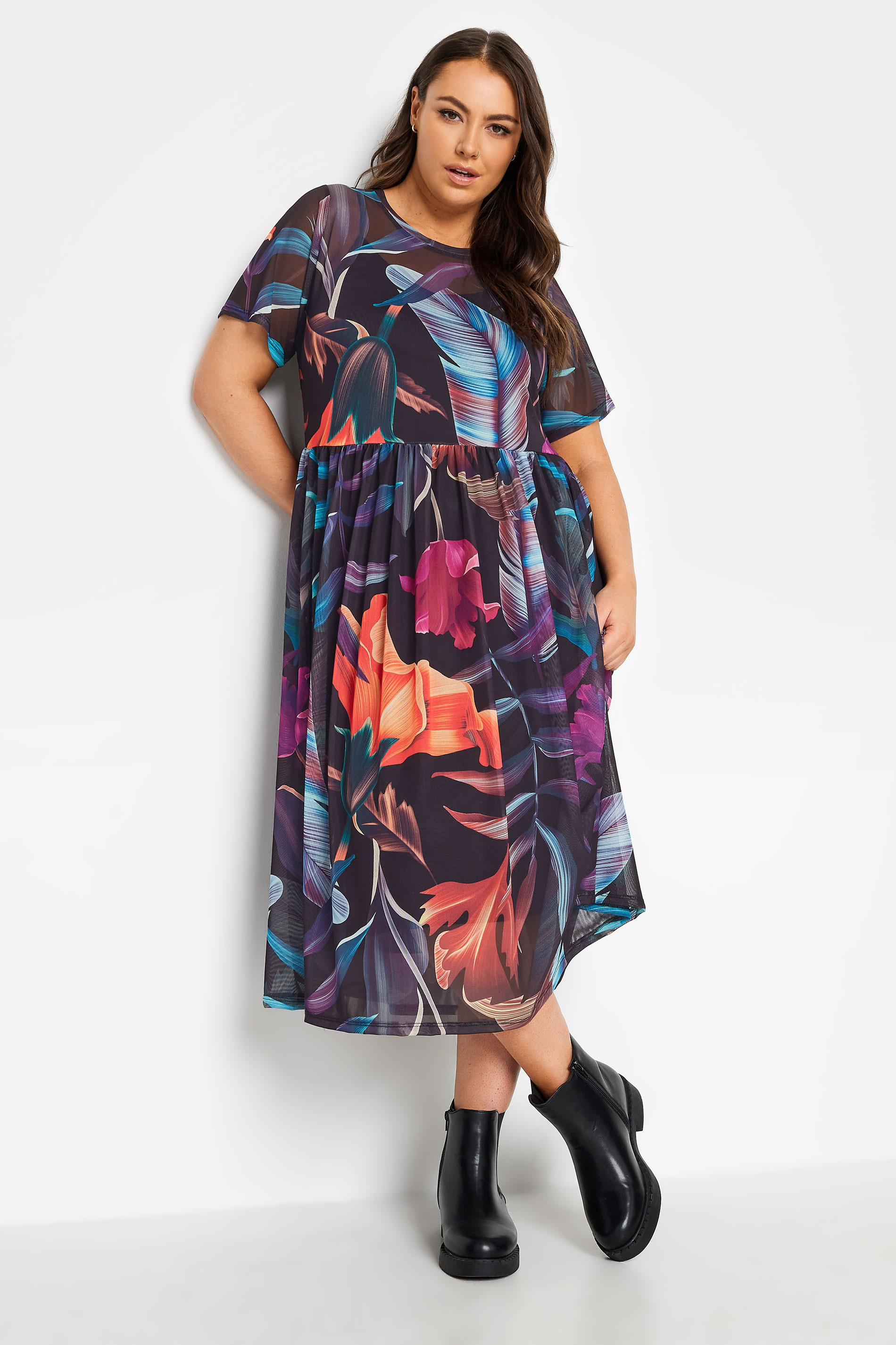 YOURS Plus Size Black Tropical Print Mesh Smock Dress | Yours Clothing 1