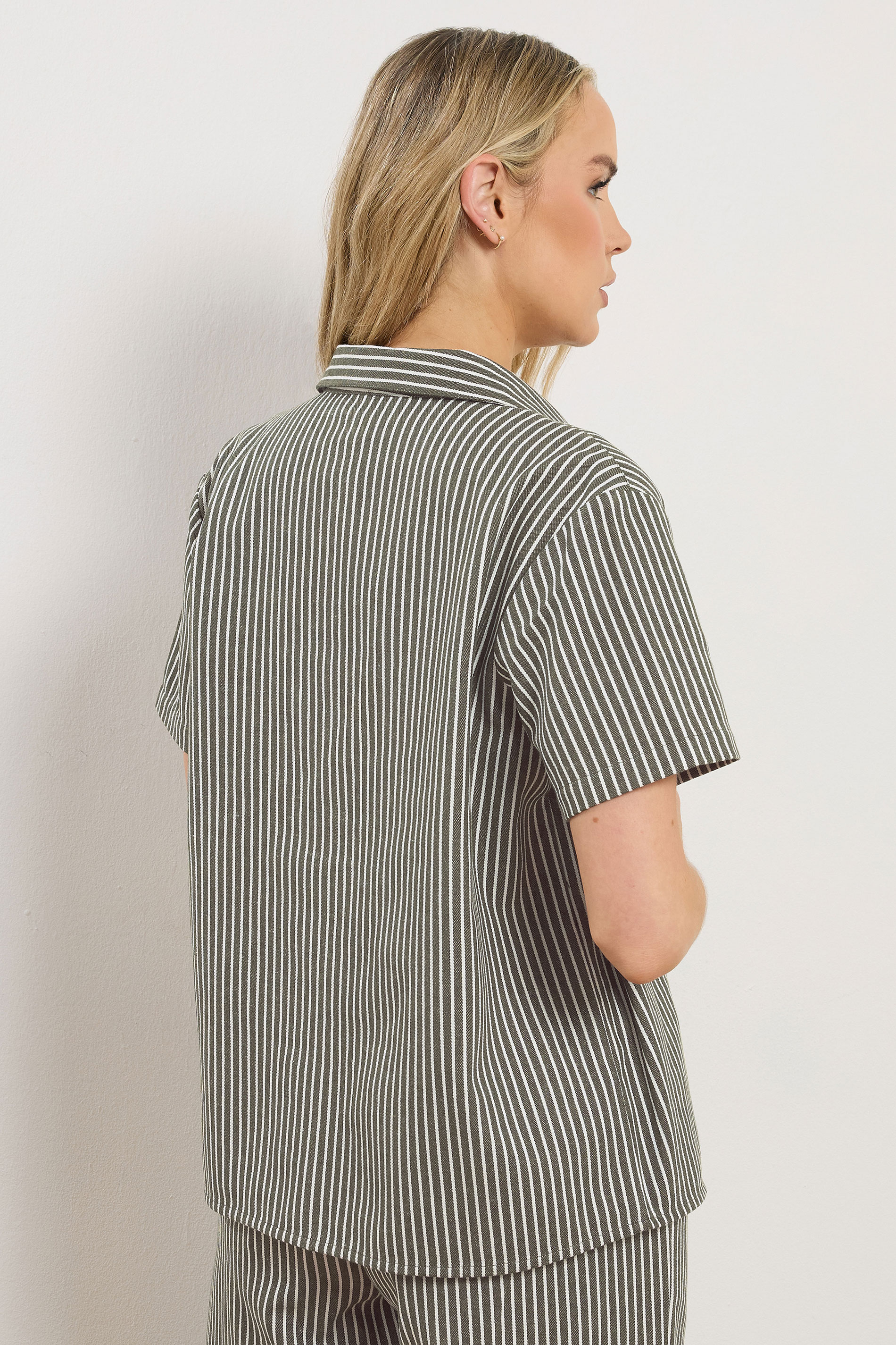LTS Tall Women's Set Olive Green Stripe Button Cotton Shirt & Trousers | Long Tall Sally 5