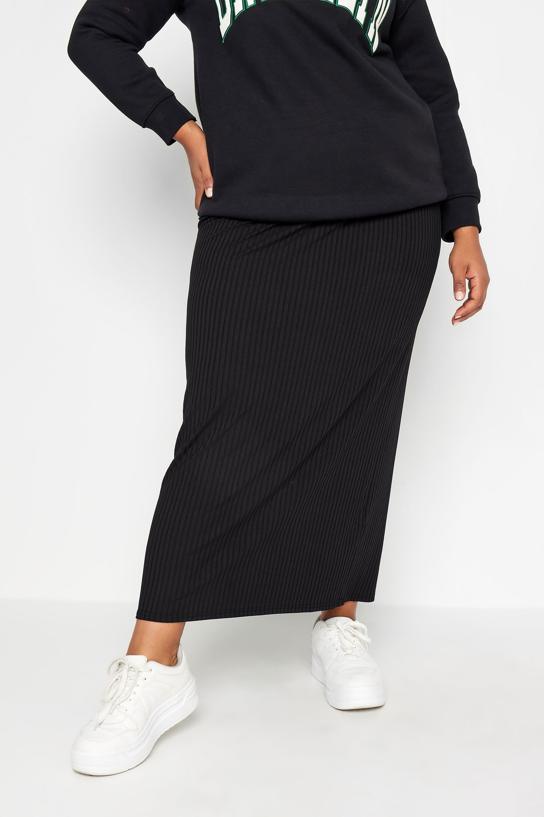 YOURS Plus Size Black Ribbed Maxi Skirt | Yours Clothing 1