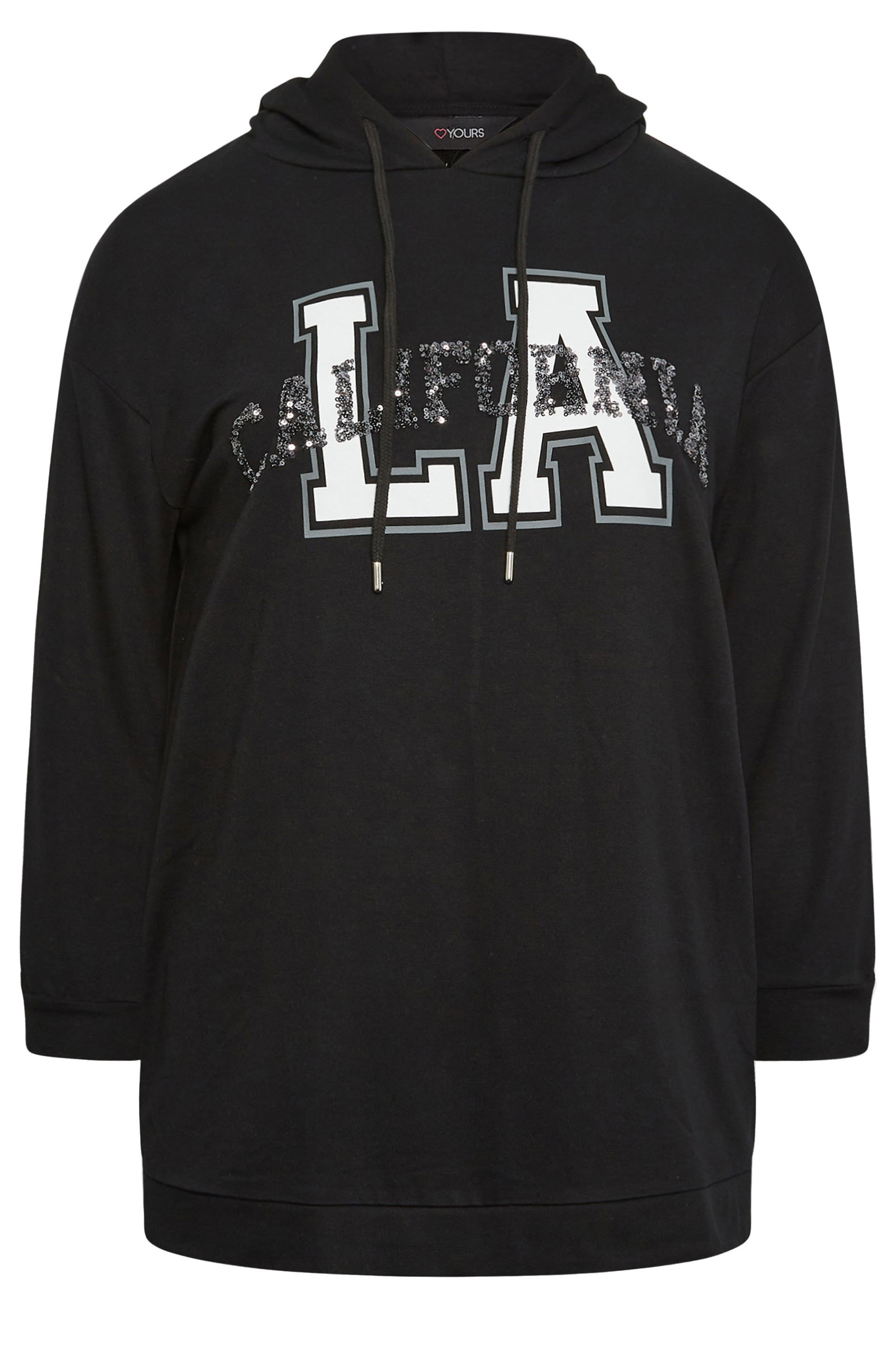 YOURS Curve Plus Size Black 'LA' Varsity Sequin Longline Hoodie | Yours  Clothing