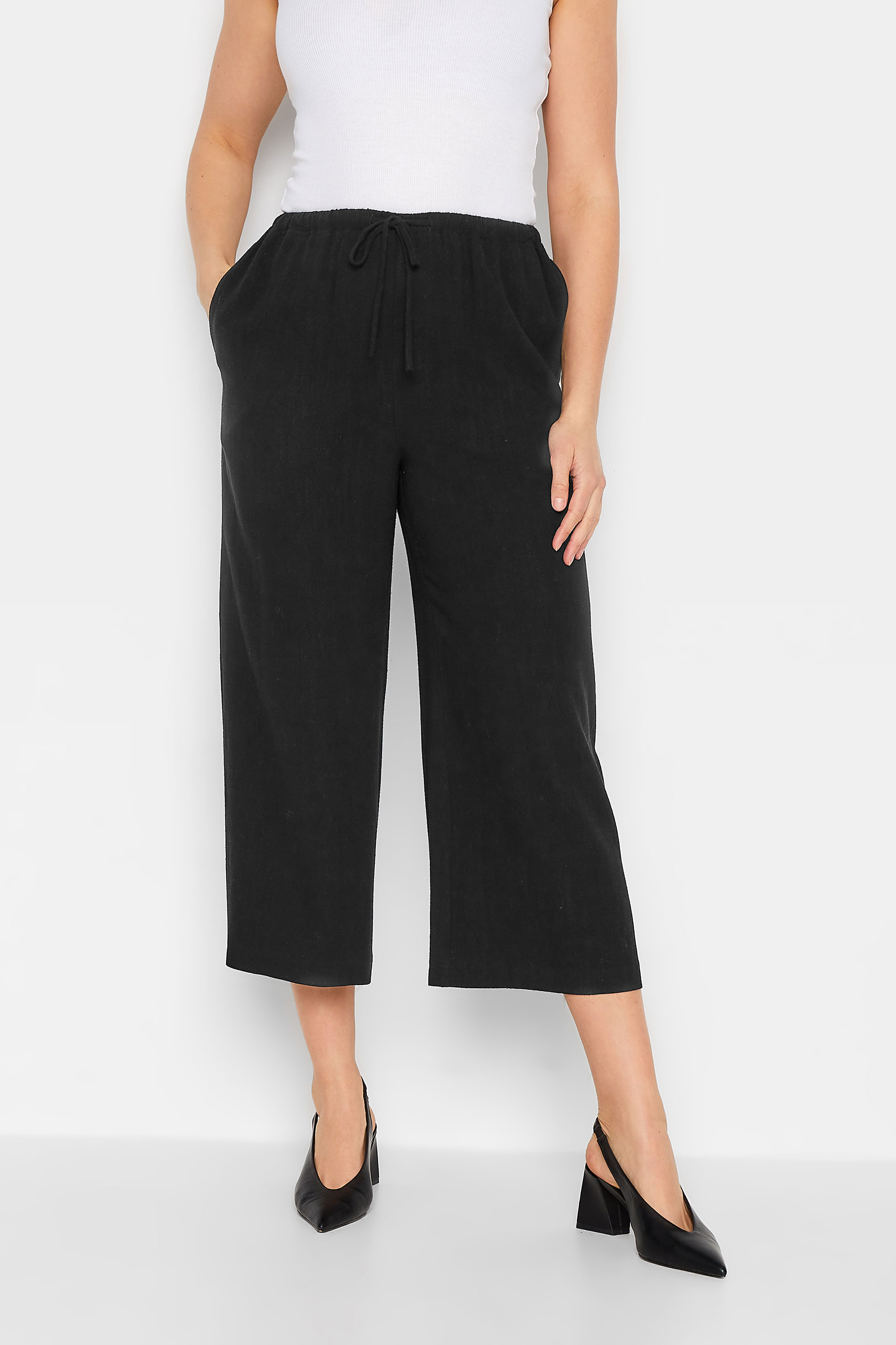 LTS Tall Black Wide Leg Cropped Linen Trousers 1