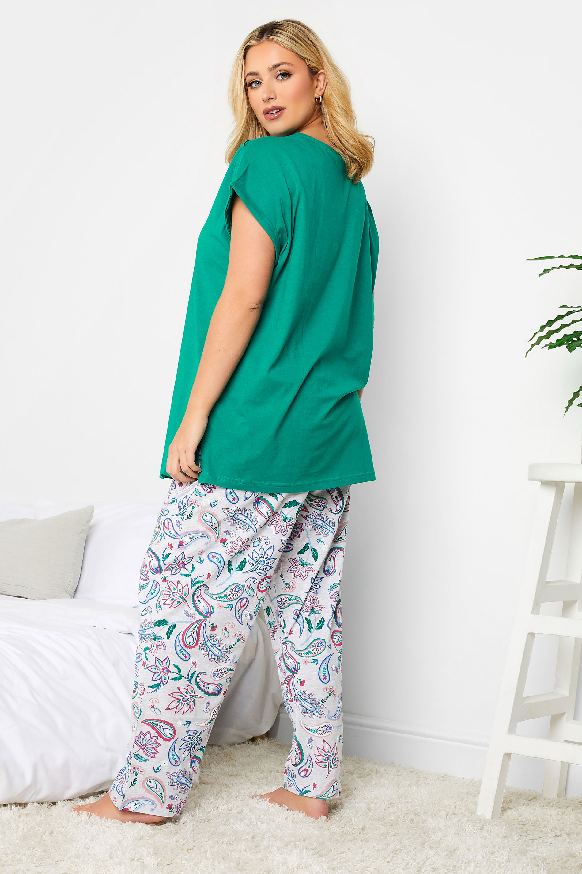 YOURS Plus Size Green Paisley Print Wide Leg Pyjama Set | Yours Clothing 3