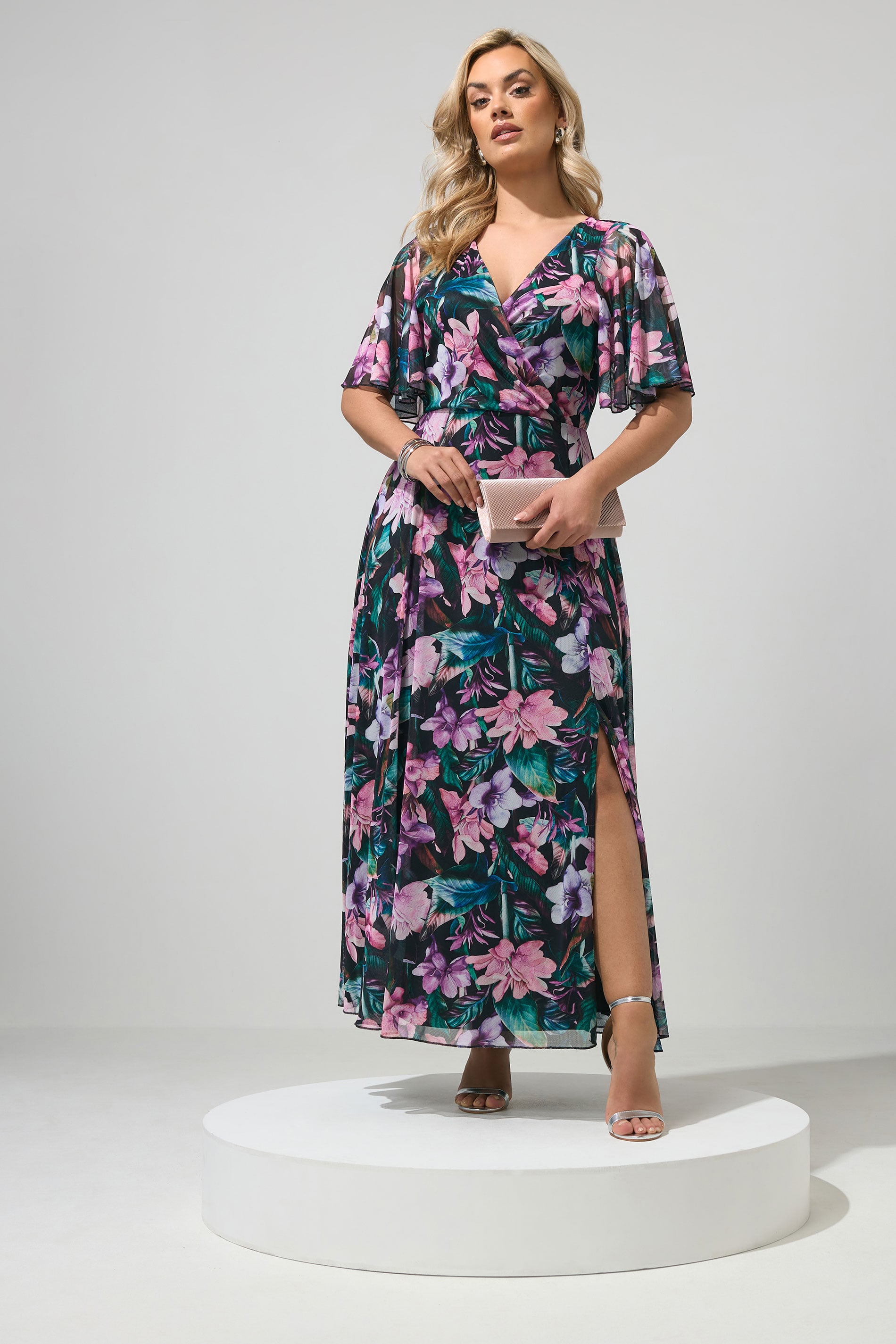 YOURS LONDON Plus Size Black Tropical Mesh Maxi Dress | Yours Clothing 1
