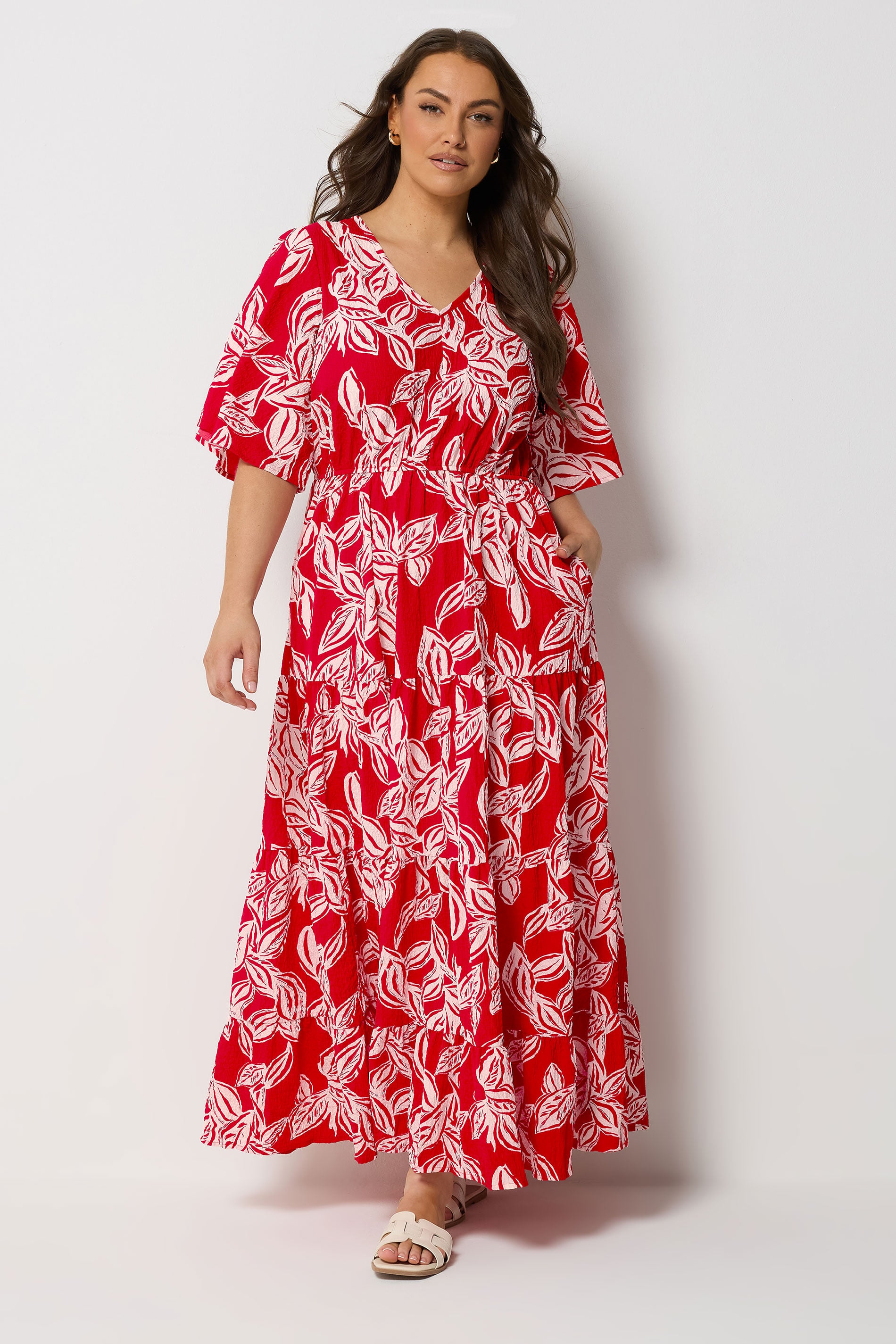 YOURS Plus Size Red Leaf Print Tiered Maxi Dress | Yours Clothing 3