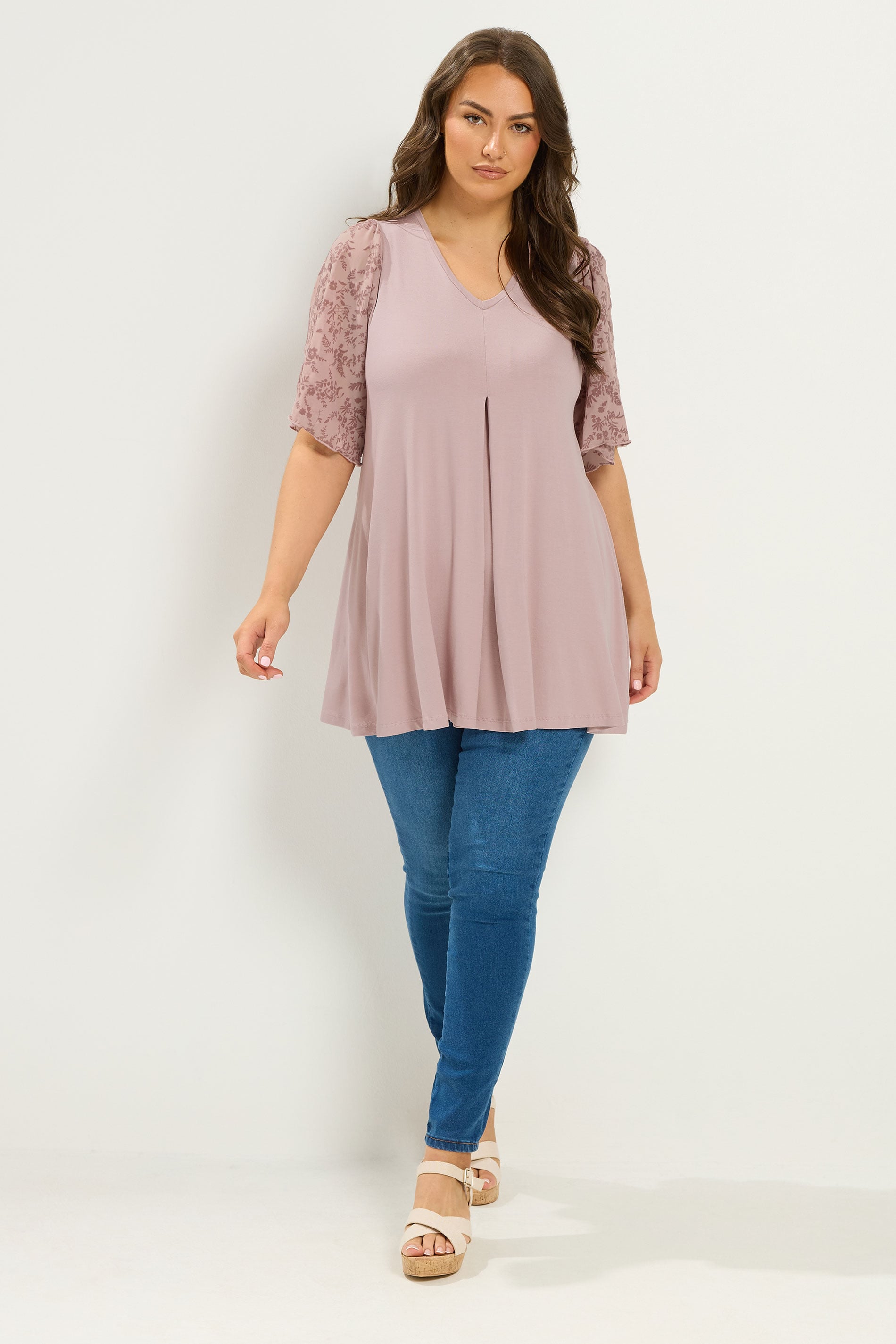 YOURS Plus Size Pink Pleat Front Floral Sleeve Top | Yours Clothing 1