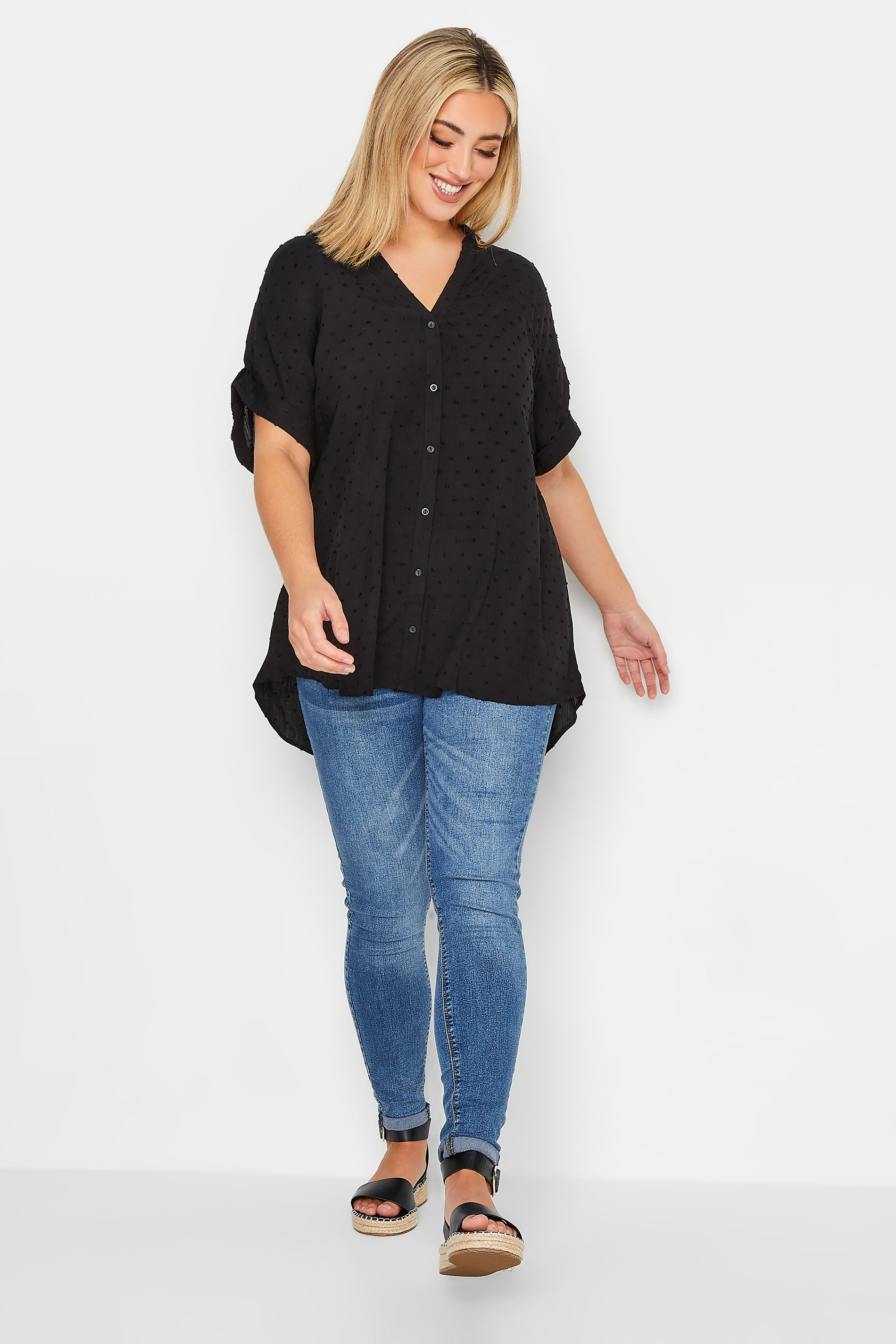 YOURS Plus Size Black Dobby Button Through Shirt | Yours Clothing  2