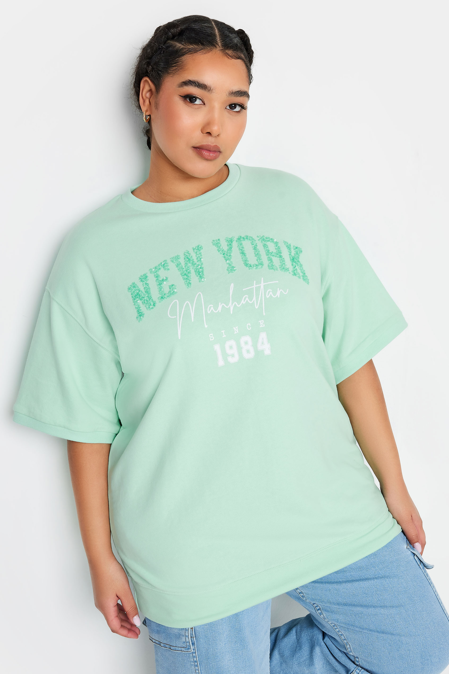 YOURS Plus Size Green 'New York' Slogan Embellished Top | Yours Clothing 1