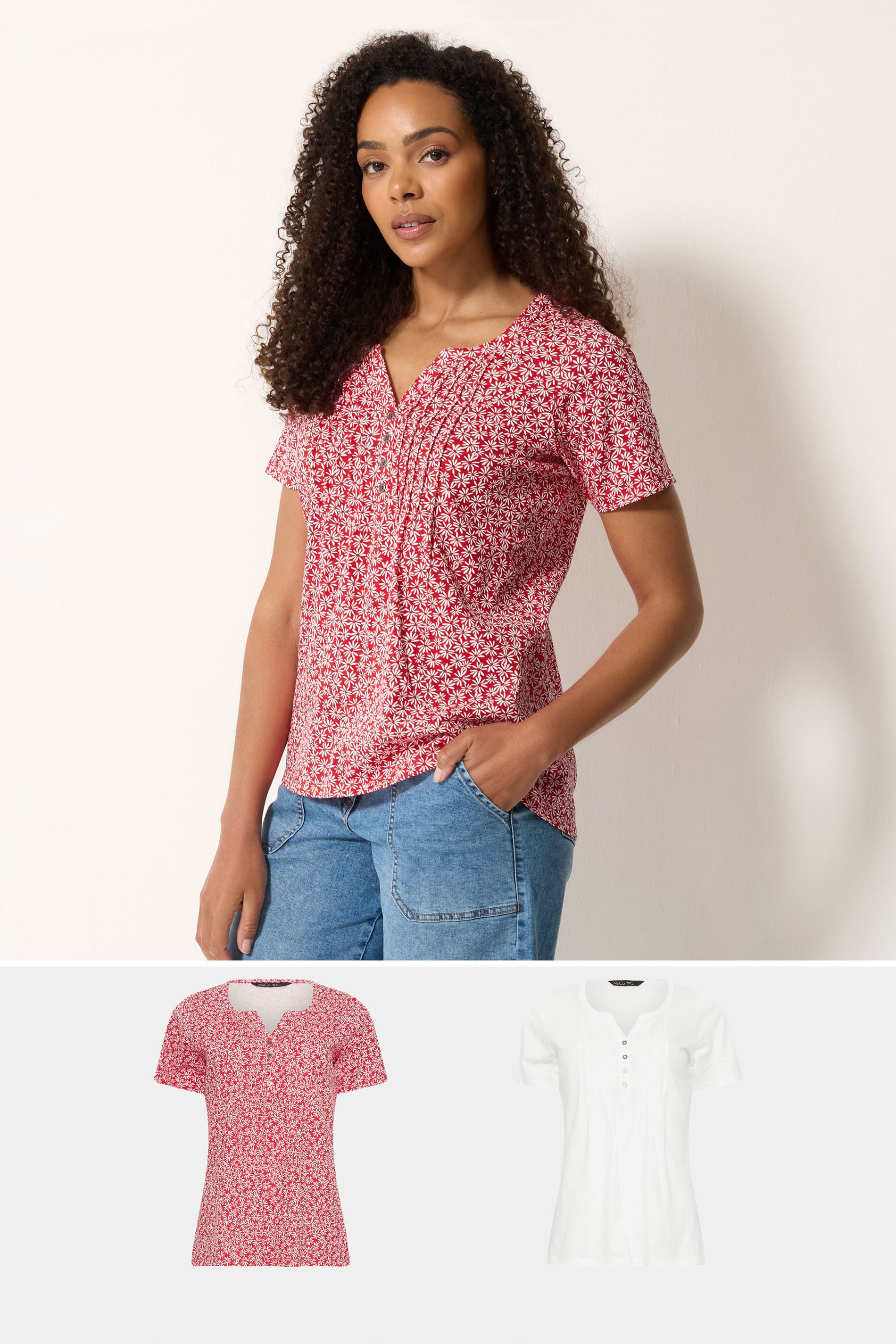 M&Co 2 PACK Red & White Floral Cotton Henley Tops | M&Co 3