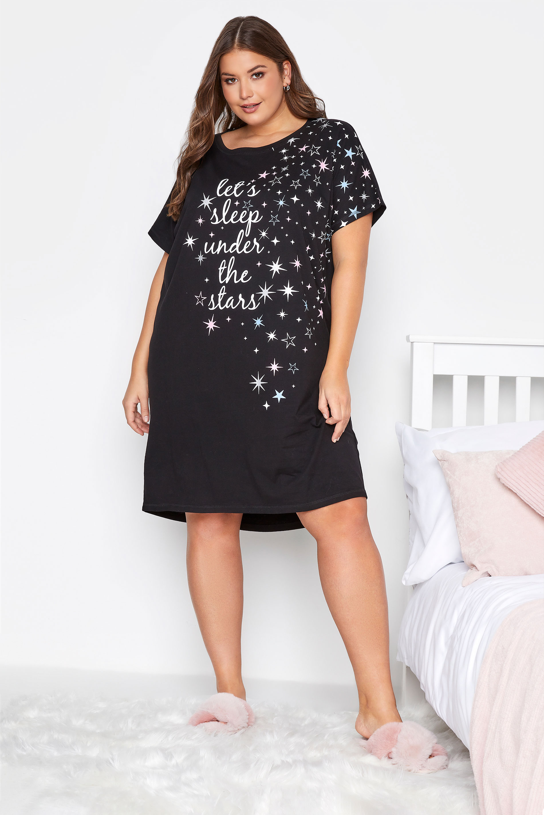 Plus Size Black 'Let's Sleep Under The Stars' Slogan Nightdress | Yours Clothing 1