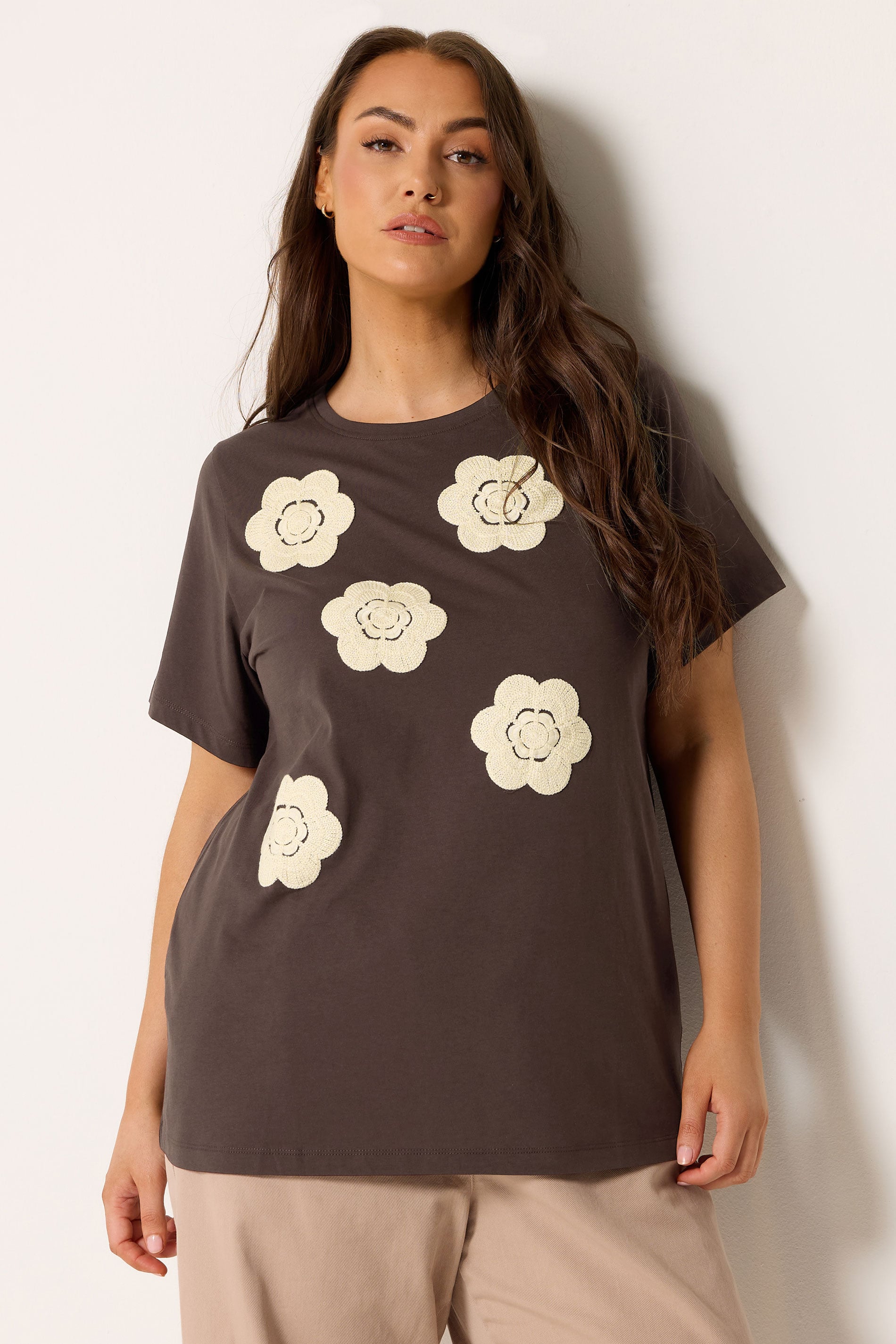 YOURS Plus Size Chocolate Brown Daisy Applique T-Shirt | Yours Clothing 3