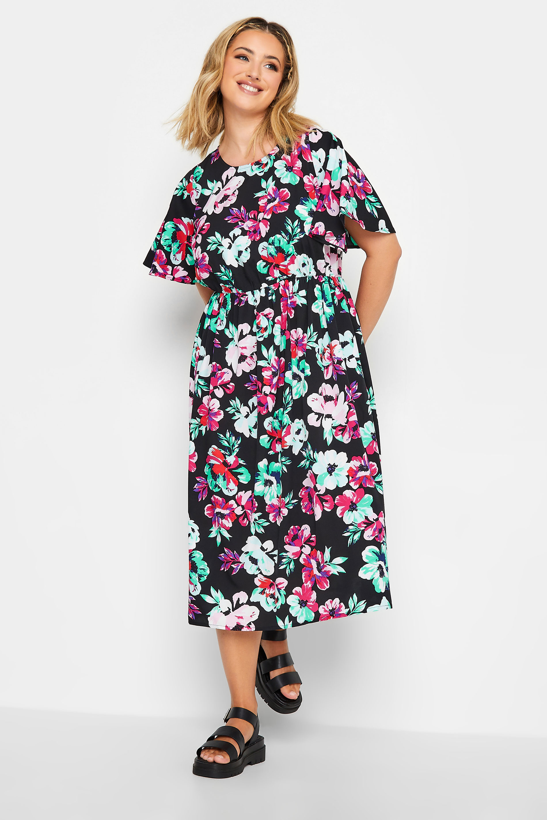 YOURS Plus Size Black Floral Print Midi Tea Dress | Yours Clothing 1