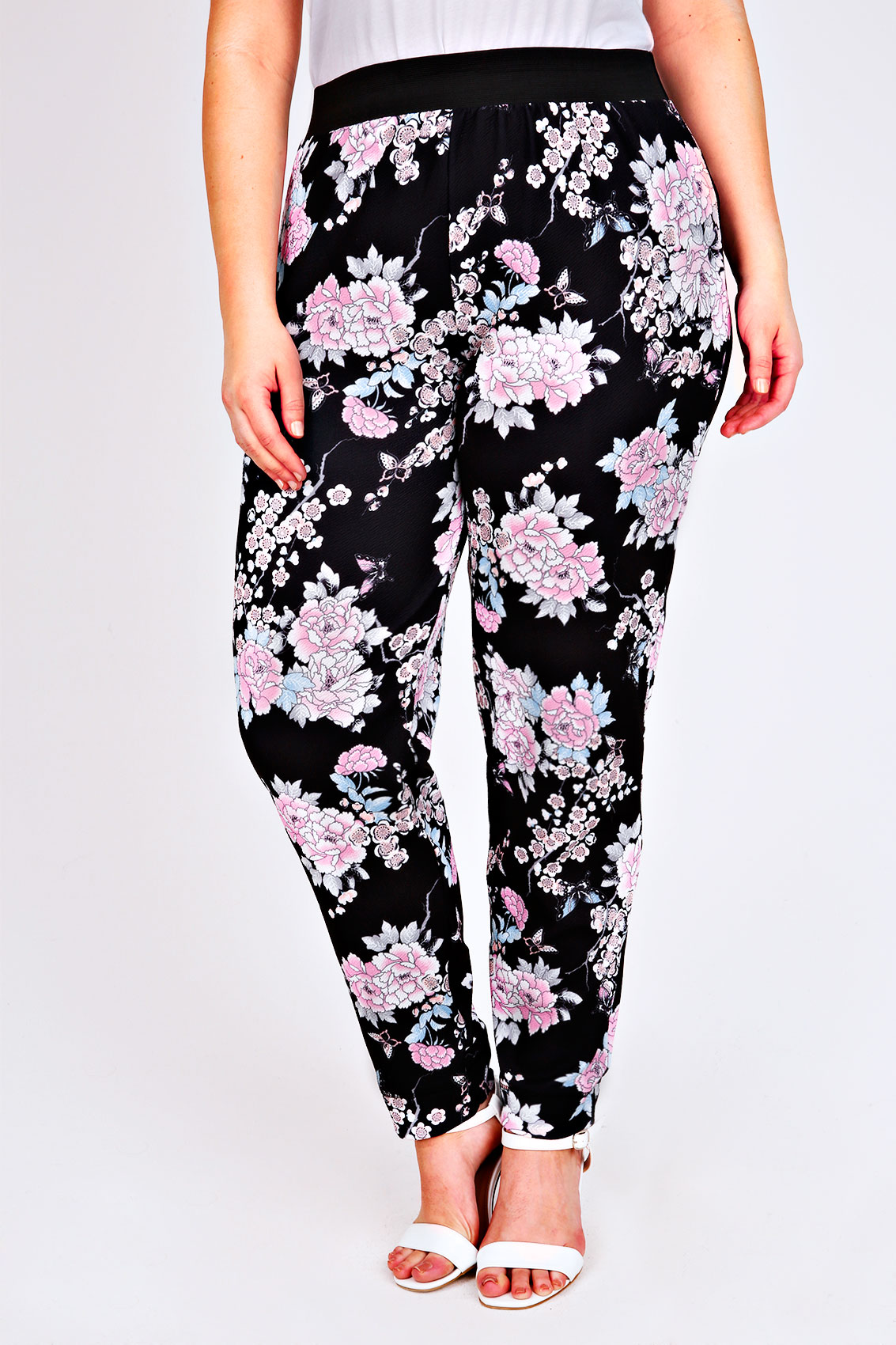 Black & Pink Oriental Print Harem Trousers Plus Size 16 to 32 | Yours ...