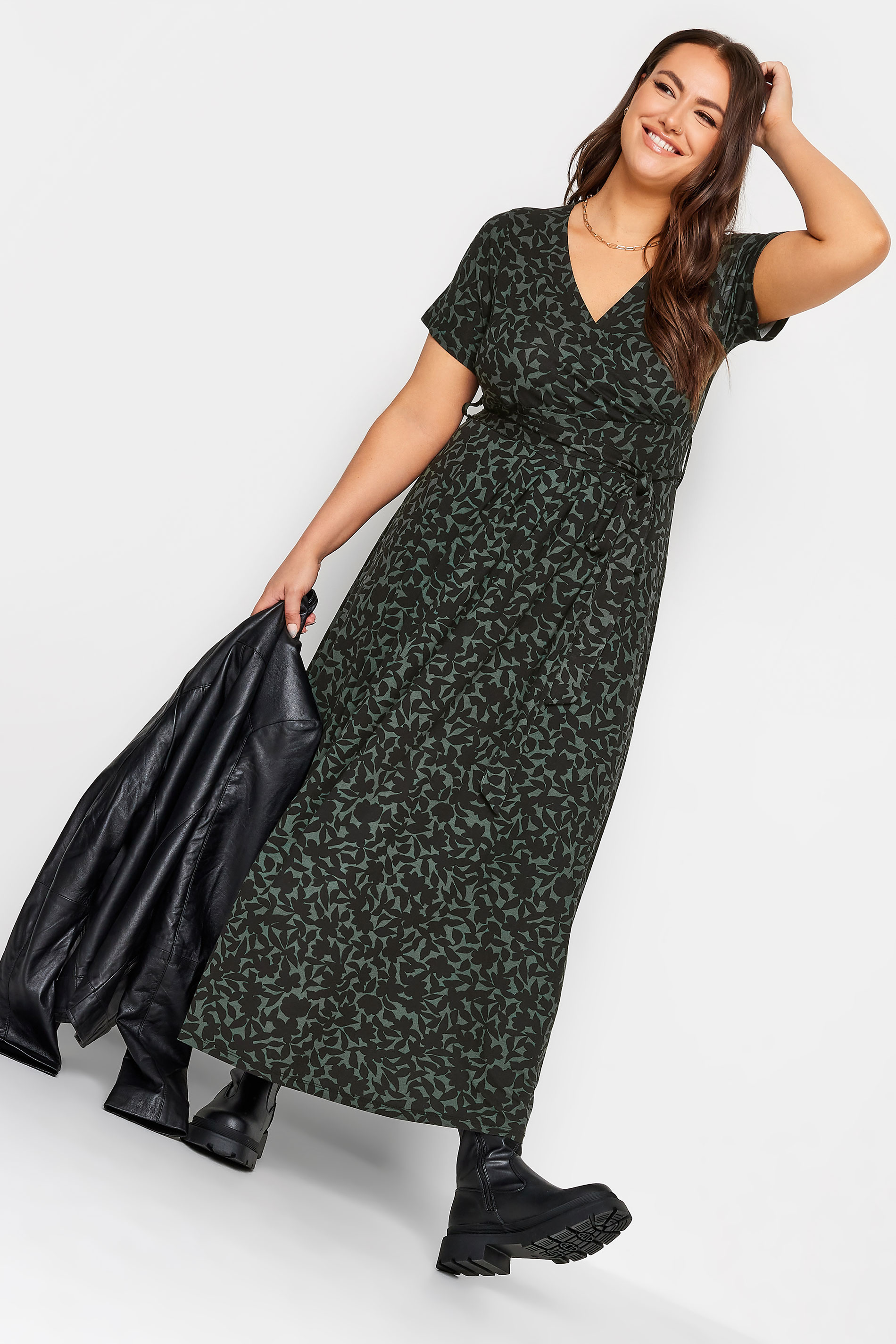 YOURS Plus Size Khaki Green Floral Print Wrap Maxi Dress | Yours Clothing 3