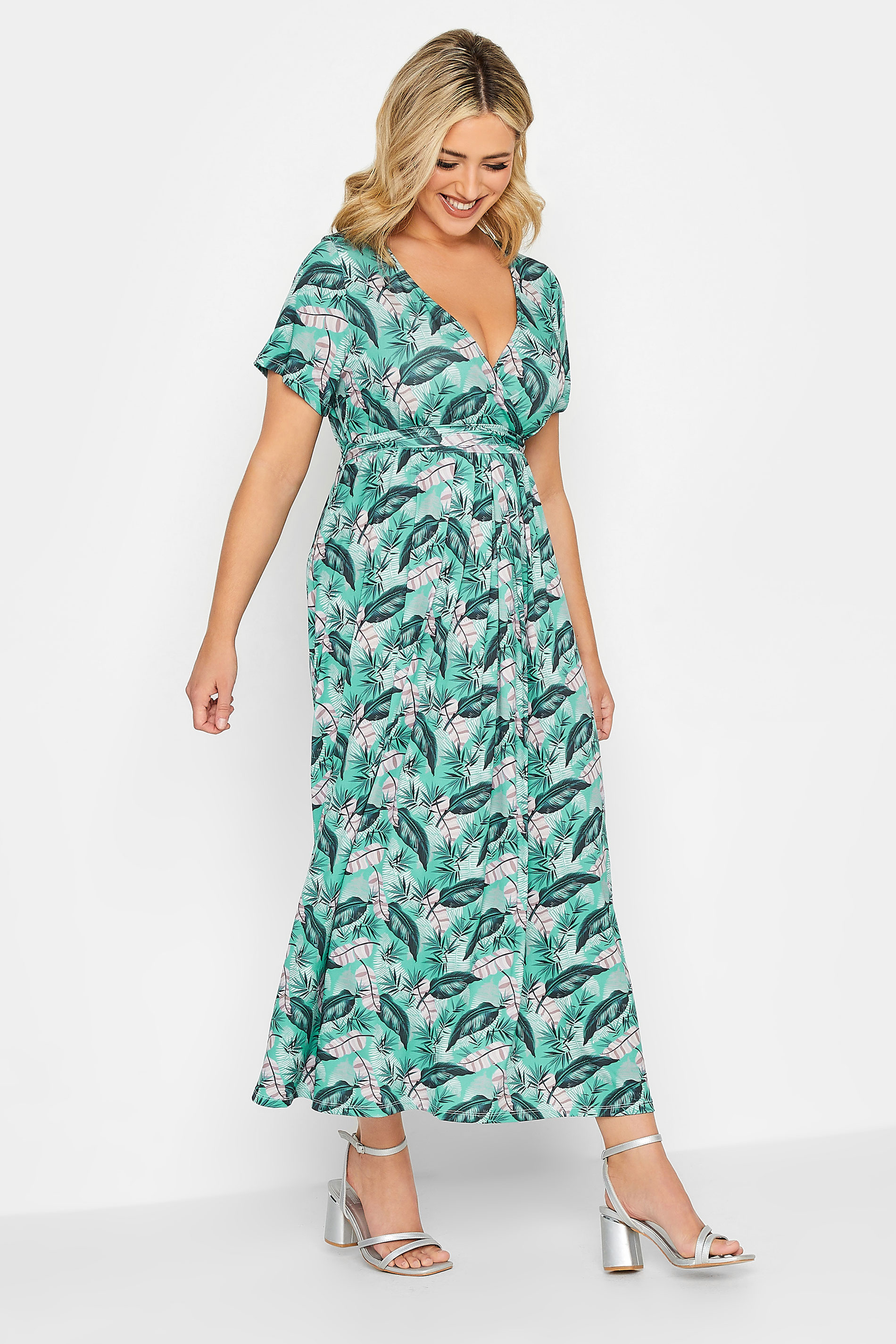 YOURS Plus Size Turquoise Green Leaf Print Maxi Wrap Dress | Yours Clothing 2