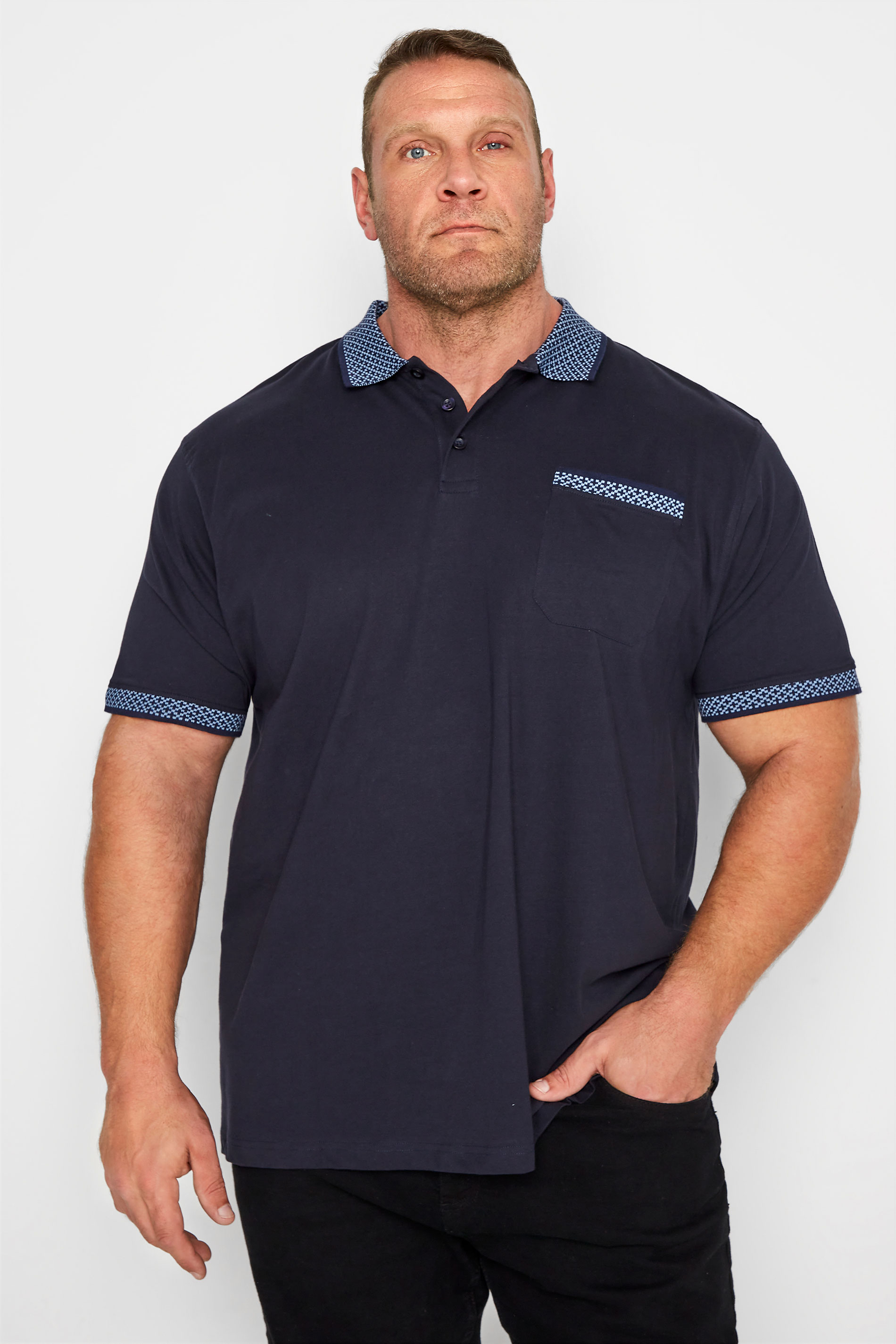 ESPIONAGE Navy Jacquard Collar Polo Shirt_A.jpg