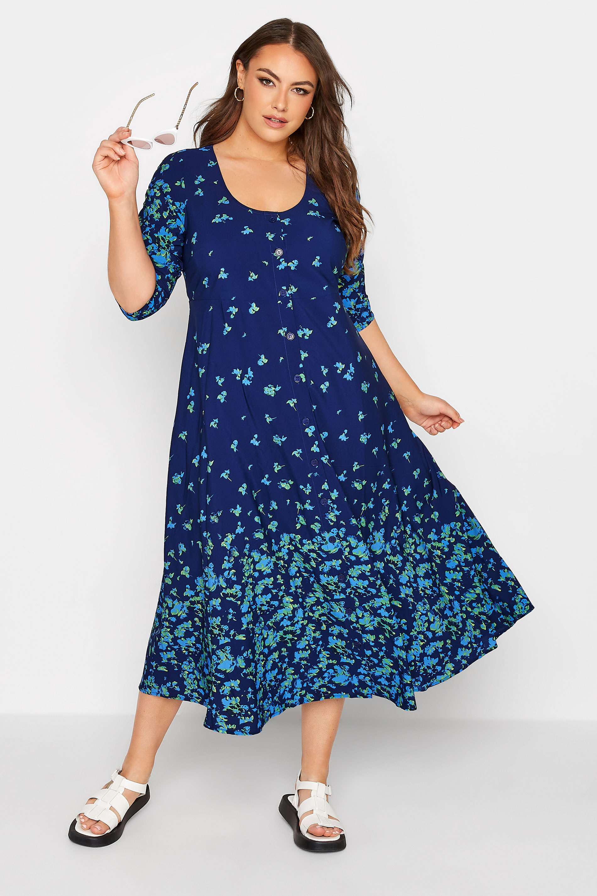 LIMITED COLLECTION Plus Size Blue Floral Tea Dress | Yours Clothing 1