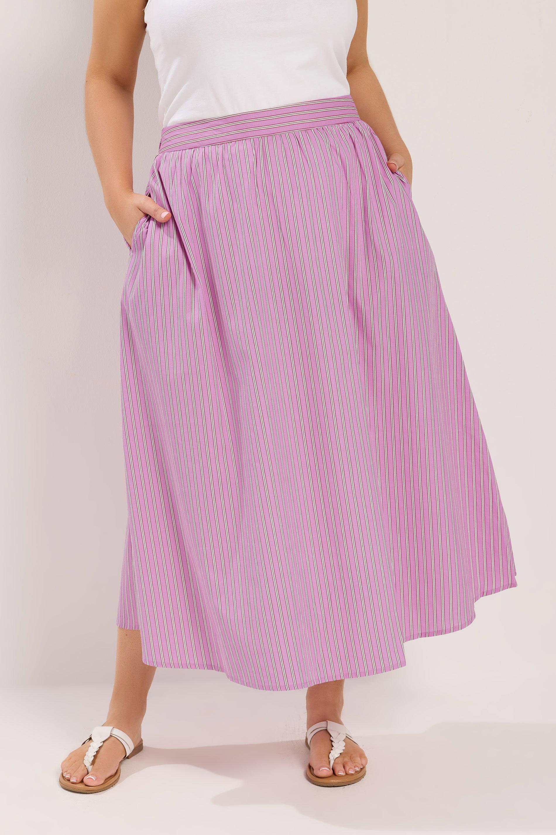 YOURS Plus Size Pink Stripe Midi Skirt | Yours Clothing