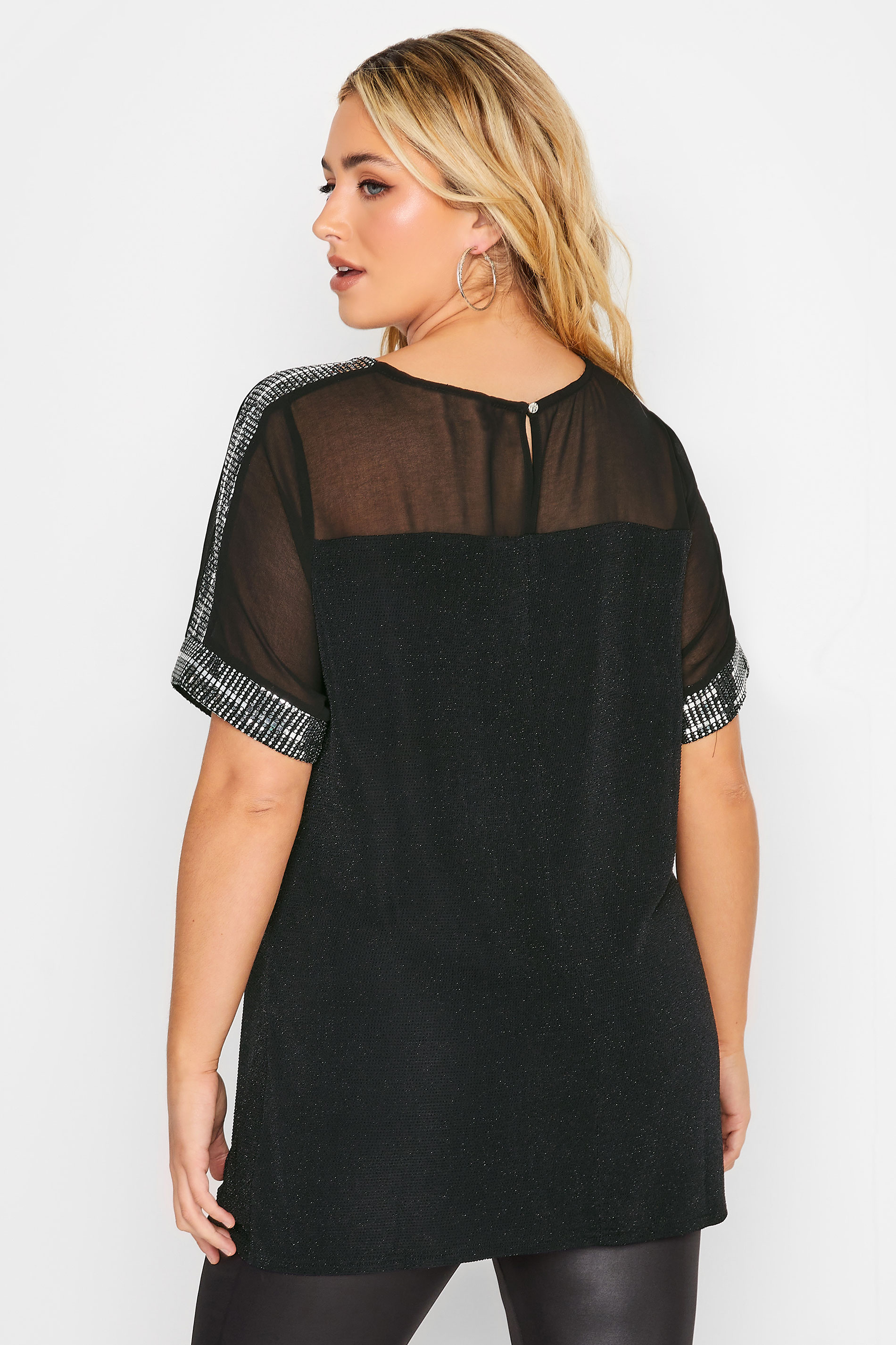 YOURS Plus Size Curve Black Chiffon Sequin Top | Yours Clothing  3