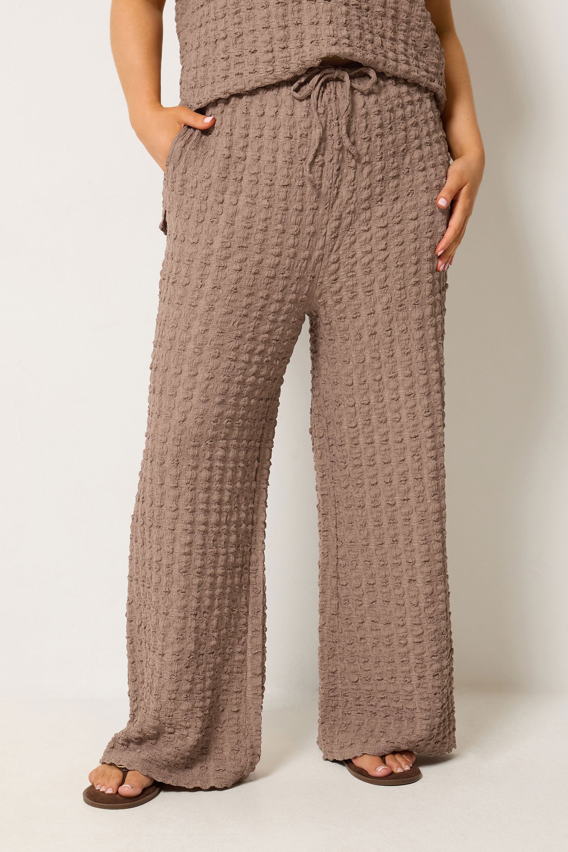YOURS Plus Size Brown Bubble Textured Wide Leg Trousers | Yours Clothing 3