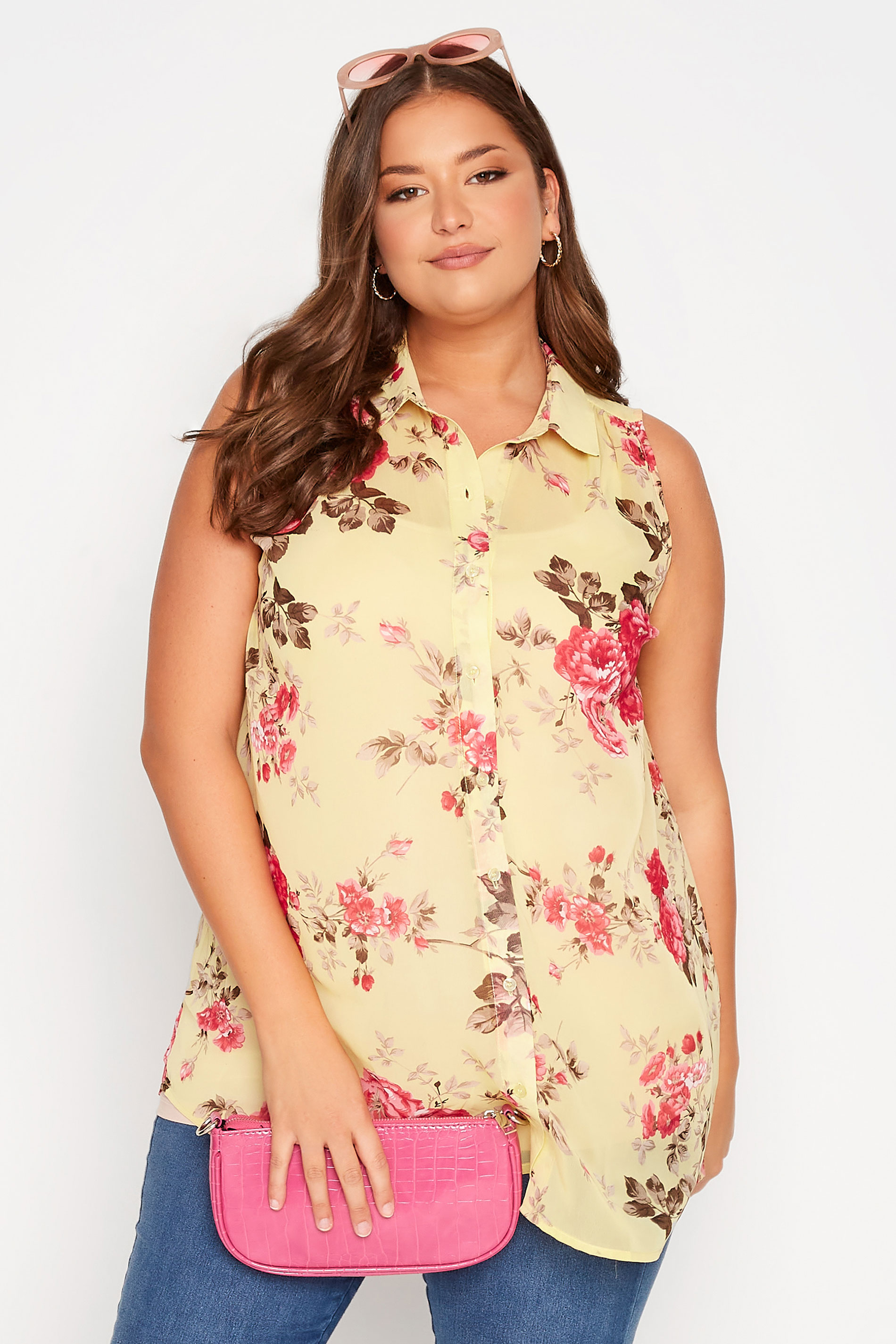 Plus Size Yellow Floral Print Sleeveless Swing Blouse | Yours Clothing 1