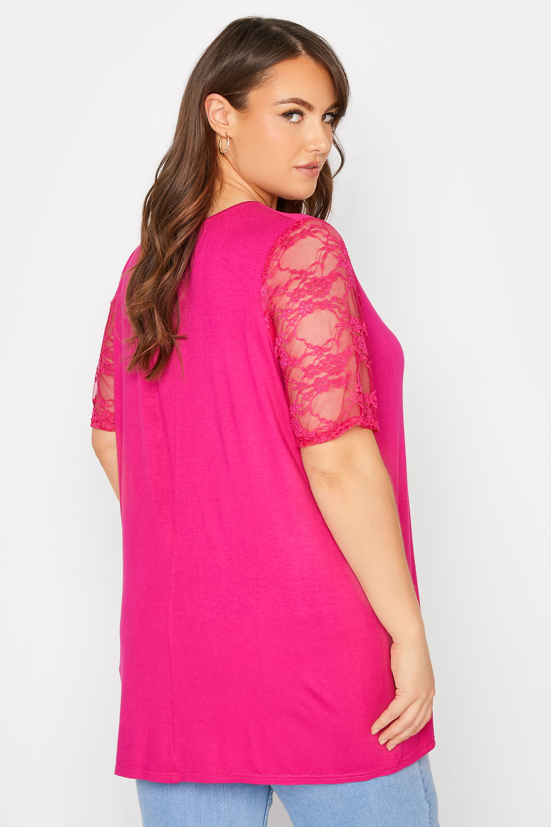 Grande taille  Tops Grande taille  Tops dentelle | LIMITED COLLECTION - Top Rose Bonbon Manches Courtes Dentelle - TB81272
