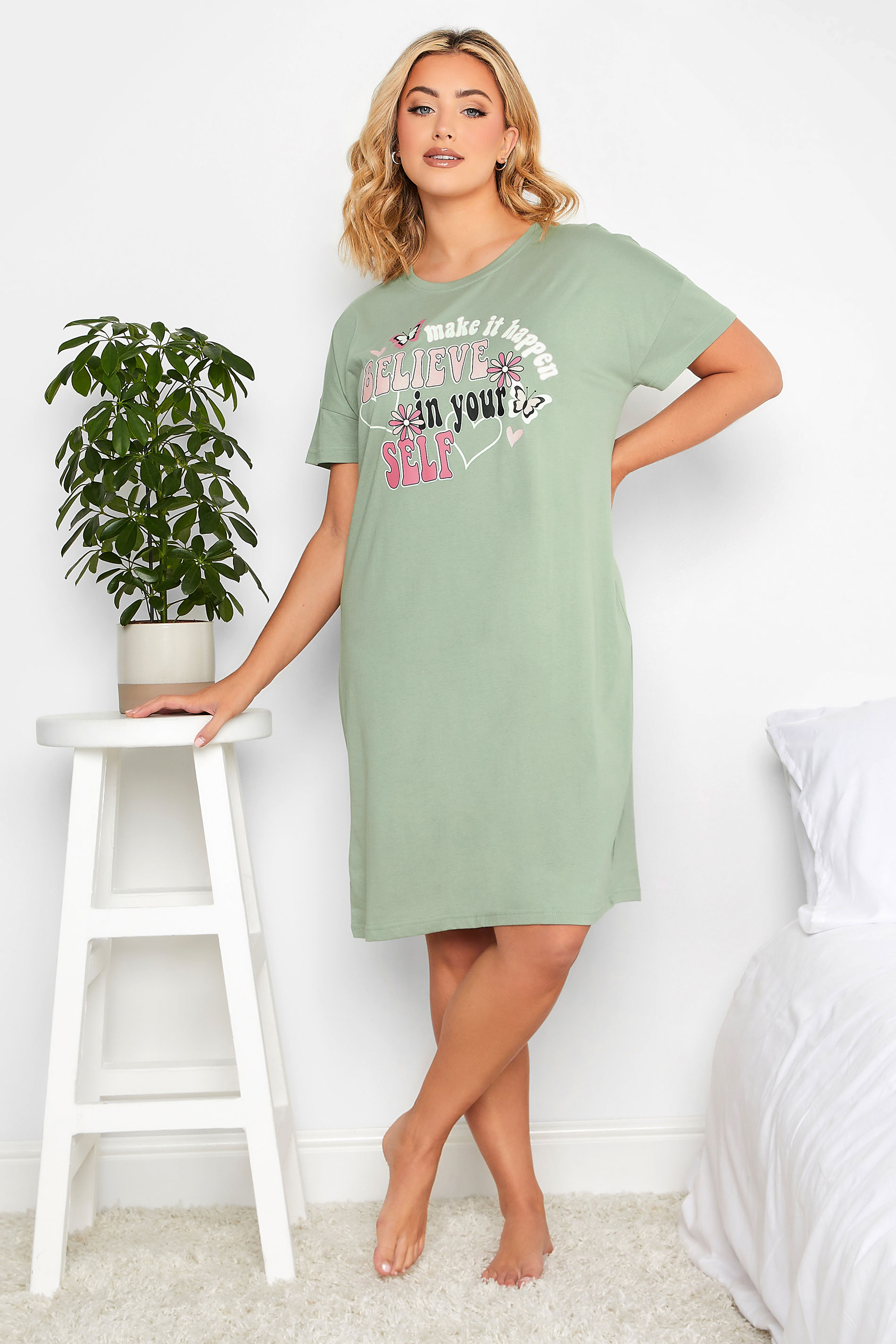 YOURS Plus Size Green 'Believe In Yourself' Sleep Tee Nightdress | Yours Clothing 1