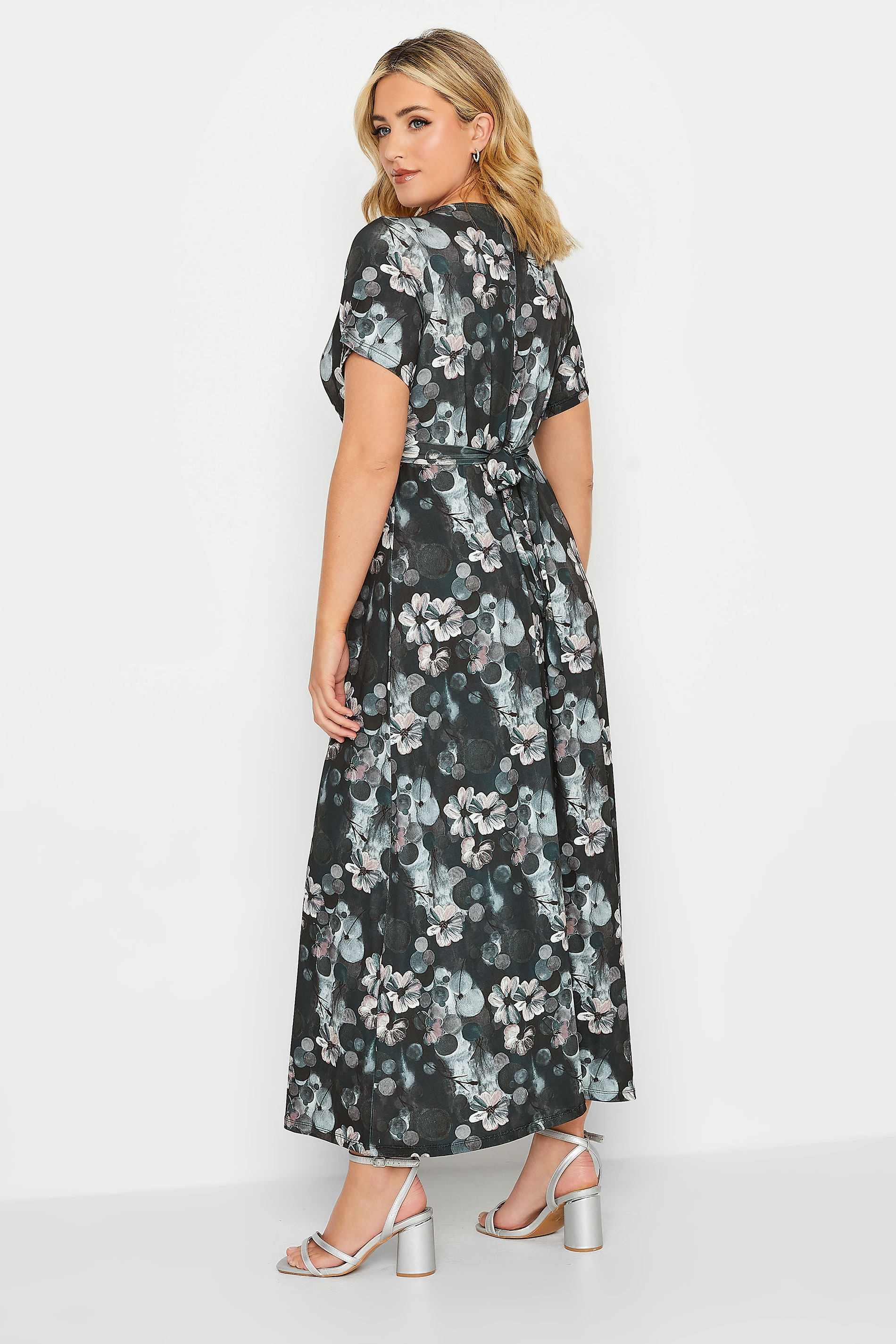 YOURS Curve Plus Size Black V-Neck Floral Wrap Dress | Yours Clothing  3