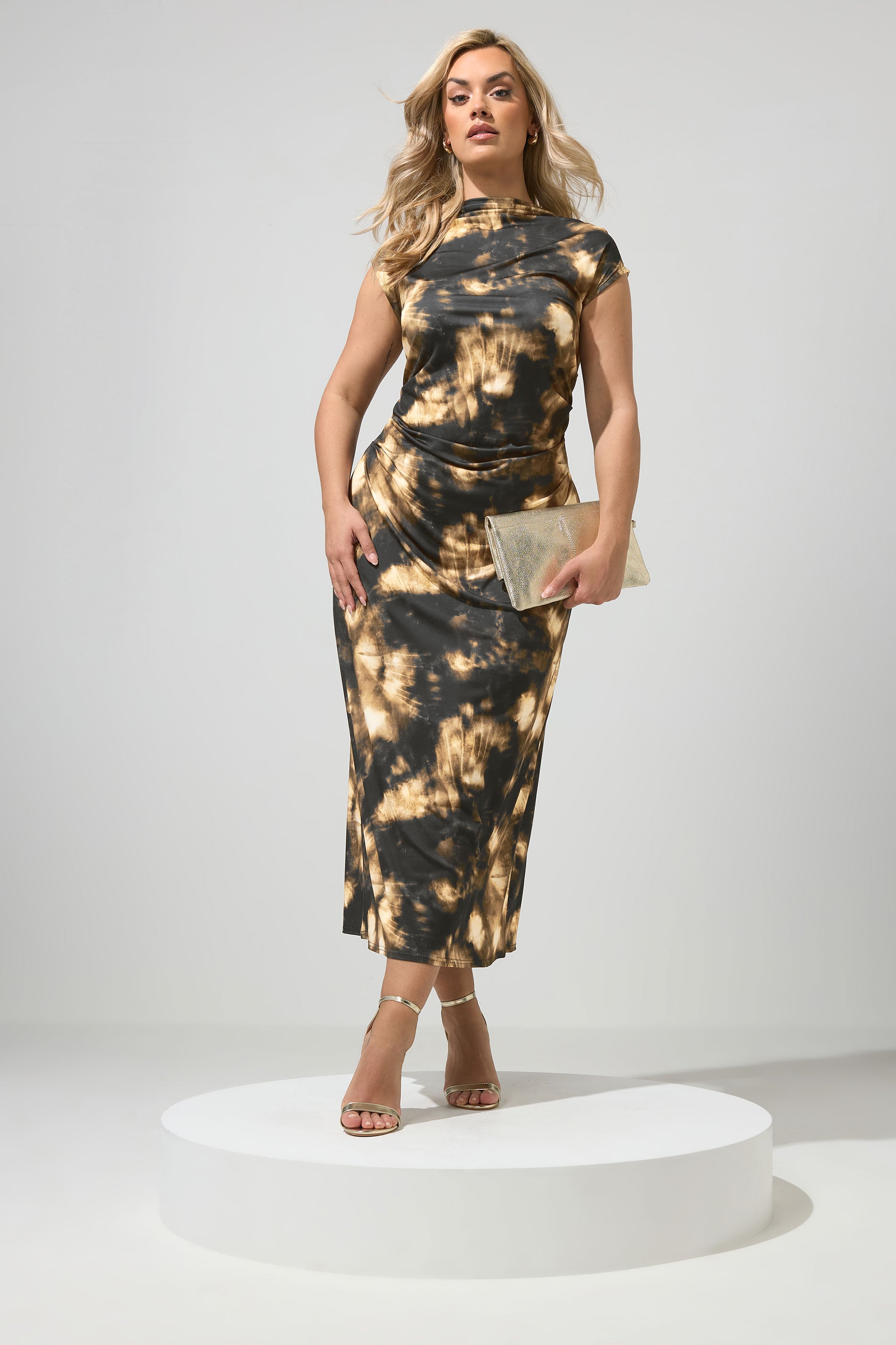 YOURS LONDON Plus Size Chocolate Brown Abstract Drape Dress | Yours Clothing 1