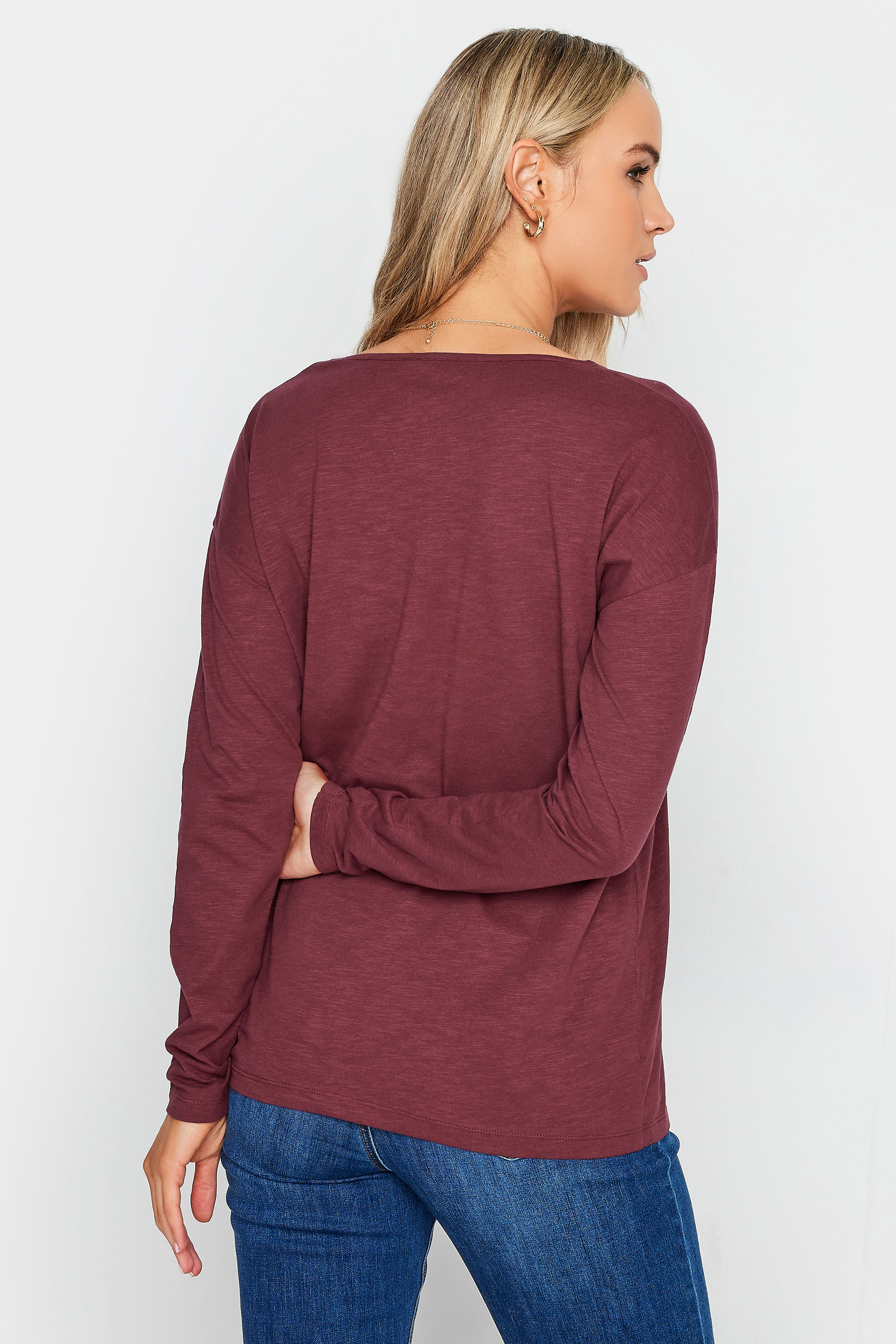 LTS Tall Berry Red V-Neck Long Sleeve Cotton T-Shirt | Long Tall Sally 3
