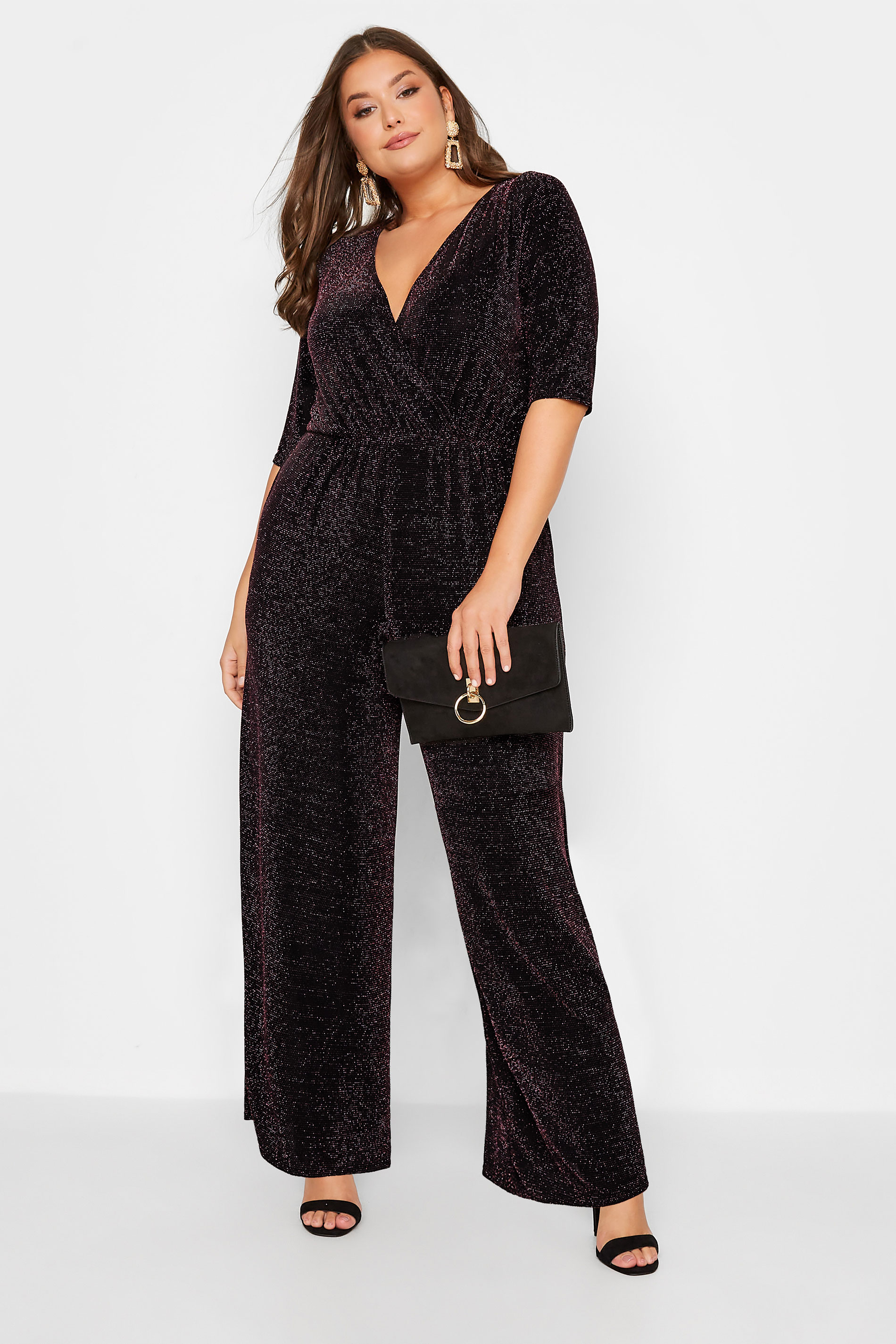 LIMITED COLLECTION Plus Size Black & Pink Glitter Stretch Wrap Jumpsuit | Yours Clothing 2