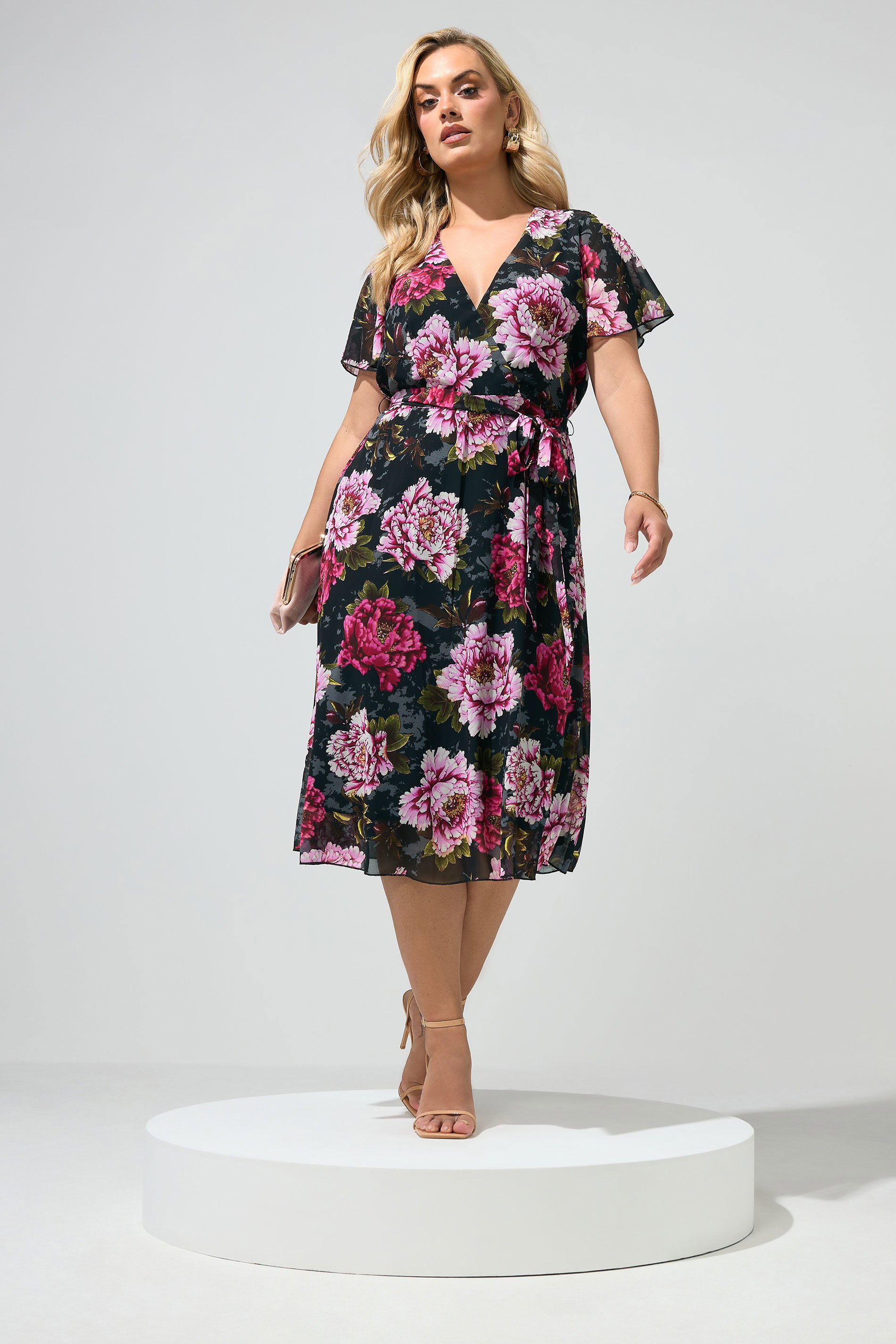 YOURS LONDON Plus Size Black & Pink Floral Wrap Dress | Yours Clothing 1