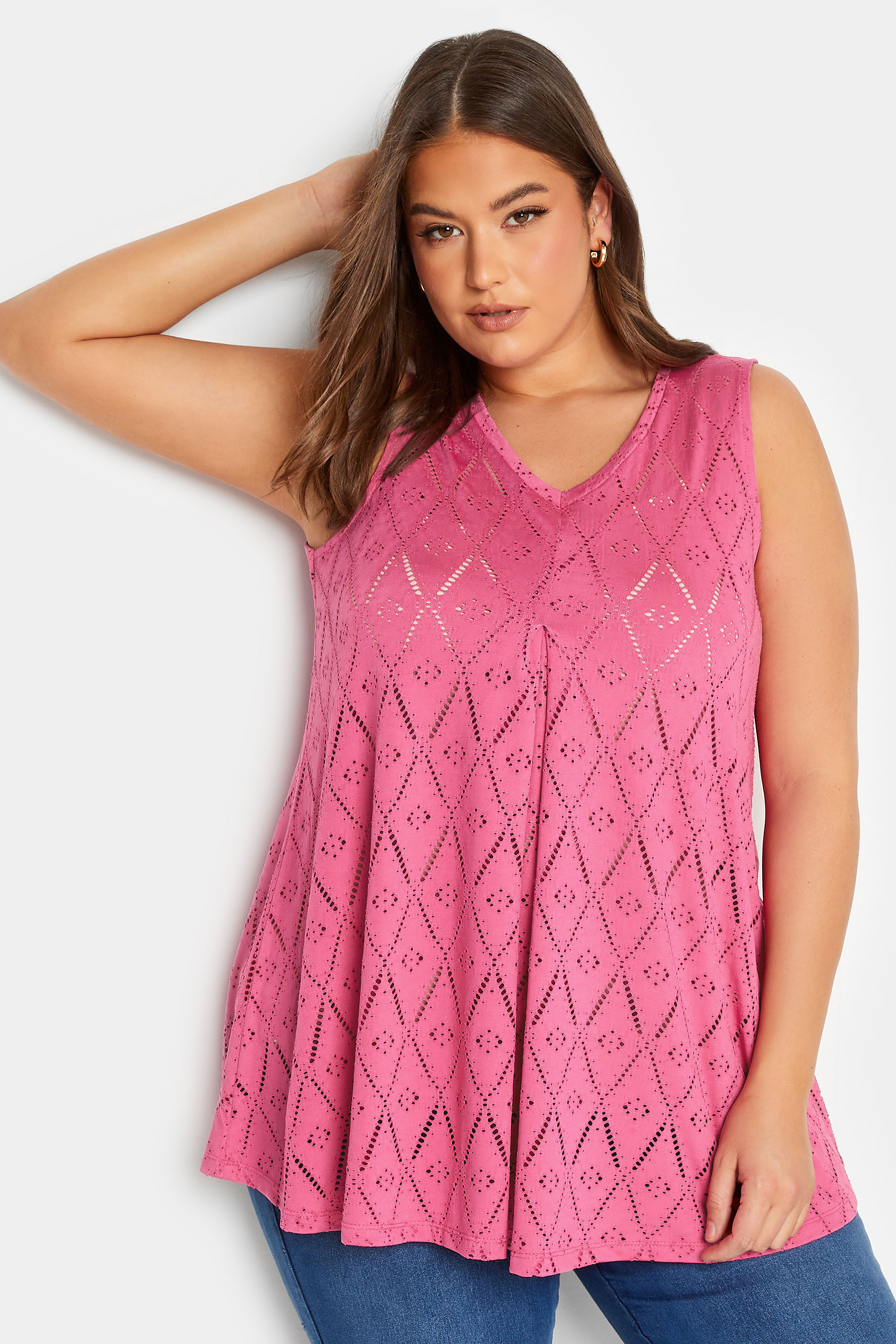 YOURS Plus Size Pink Broderie Anglaise Swing Vest Top | Yours Clothing 1
