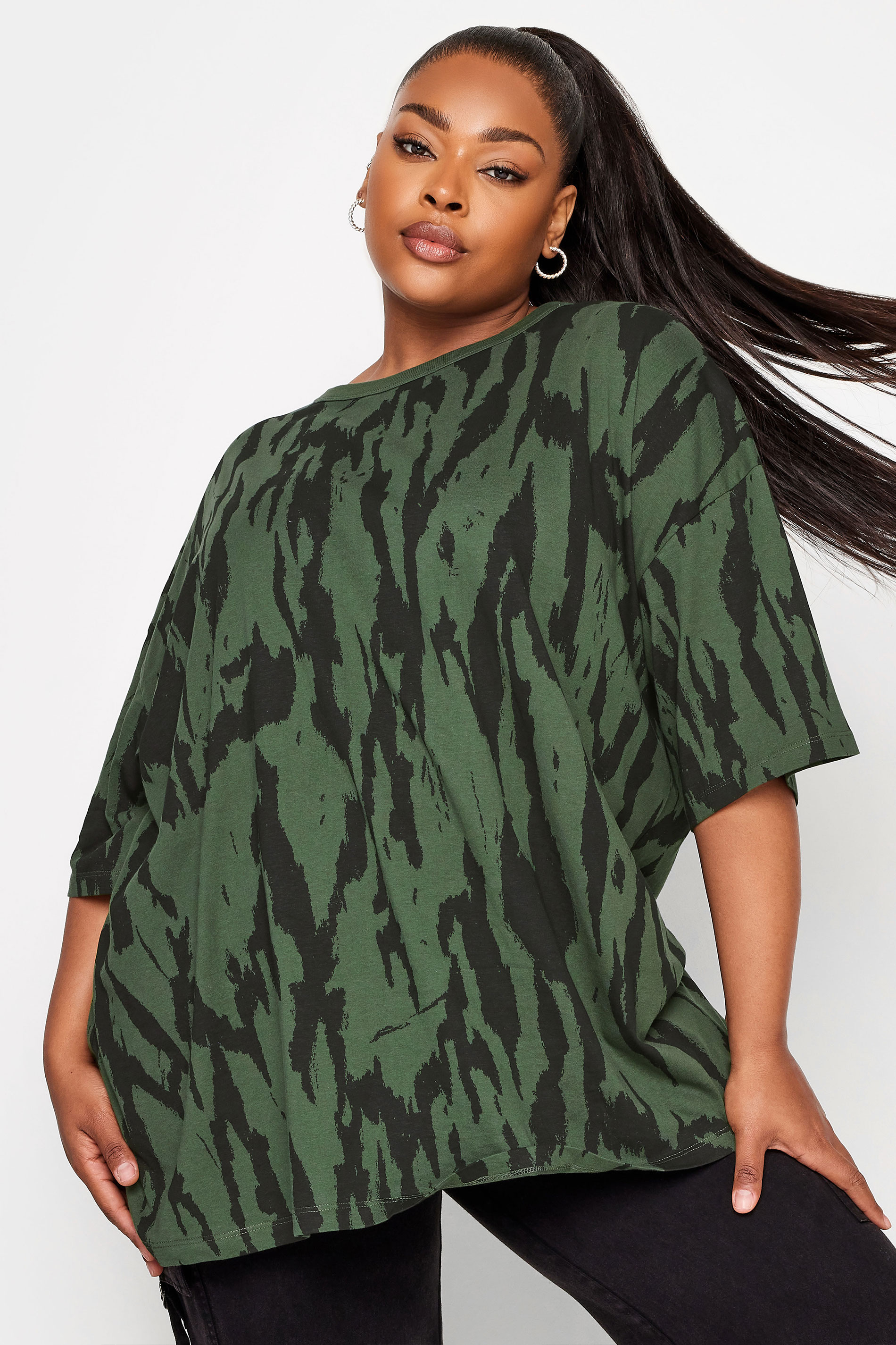 YOURS 2 PACK Plus Size Khaki Green & Black Animal Print T-Shirts | Yours Clothing 2