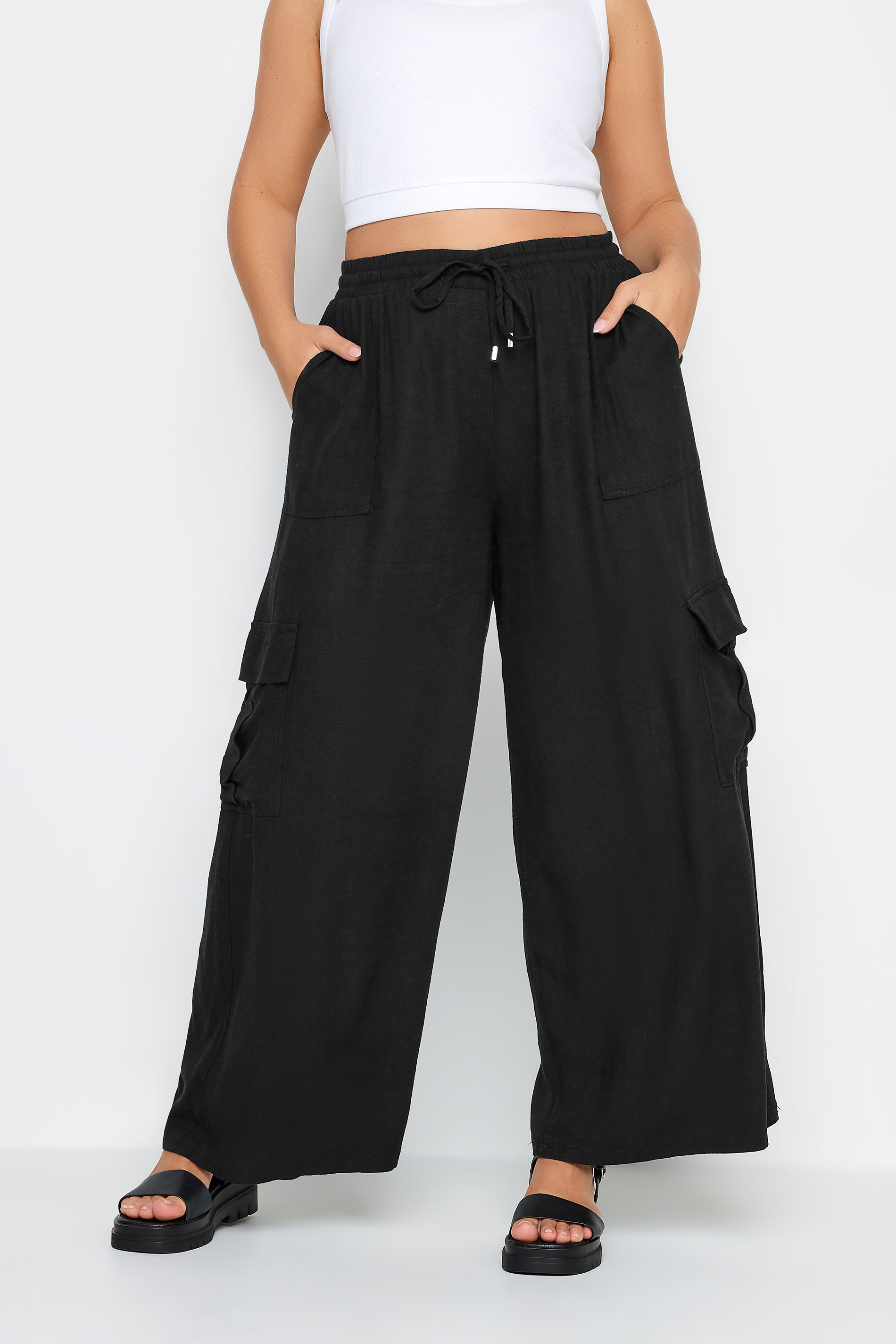 YOURS Plus Size Black Linen Wide Leg Cargo Trousers | Yours Clothing 1