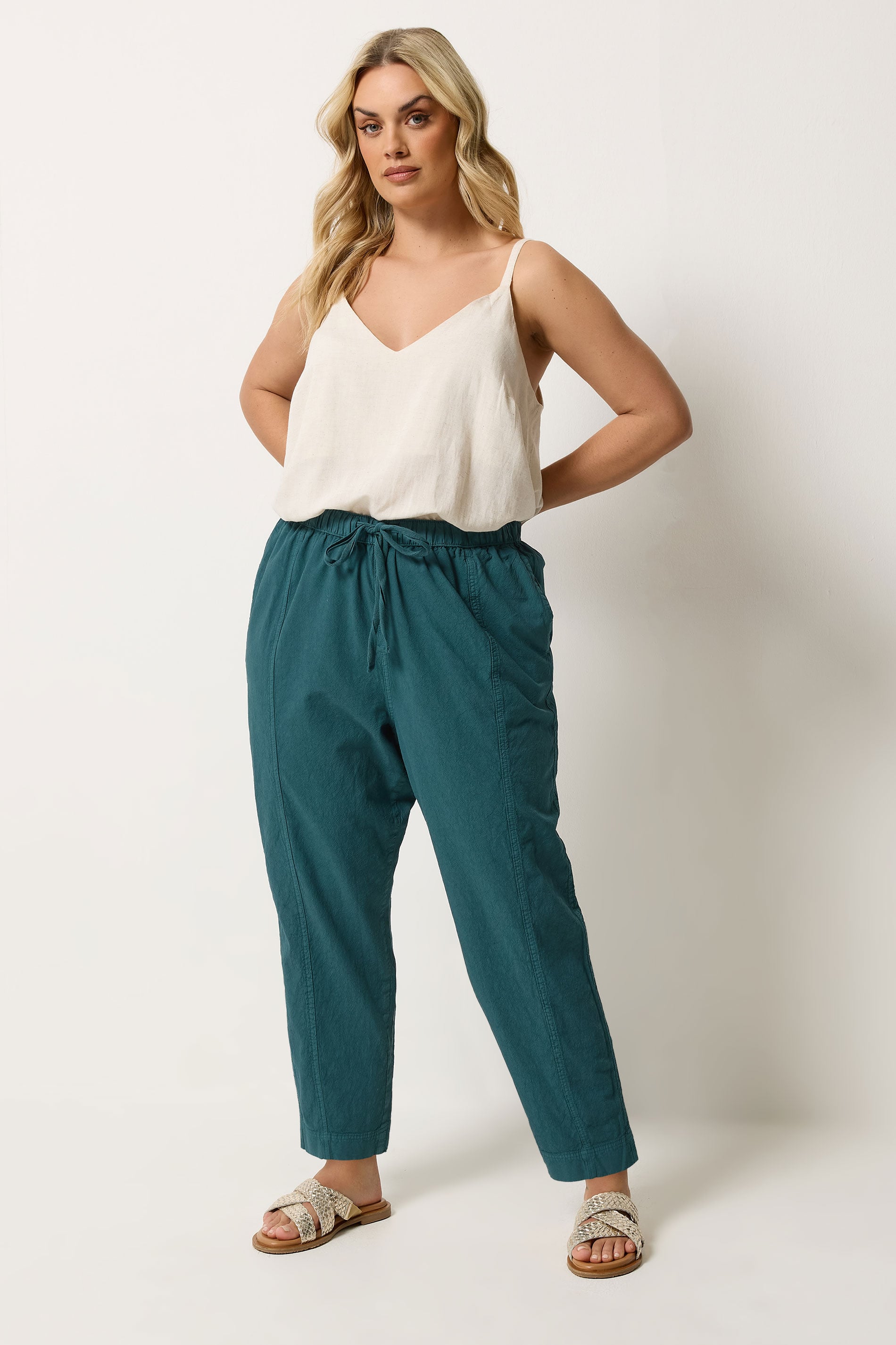 YOURS Plus Size Teal Green Cool Cotton Barrel Leg Denim Trousers | Yours Clothing 1