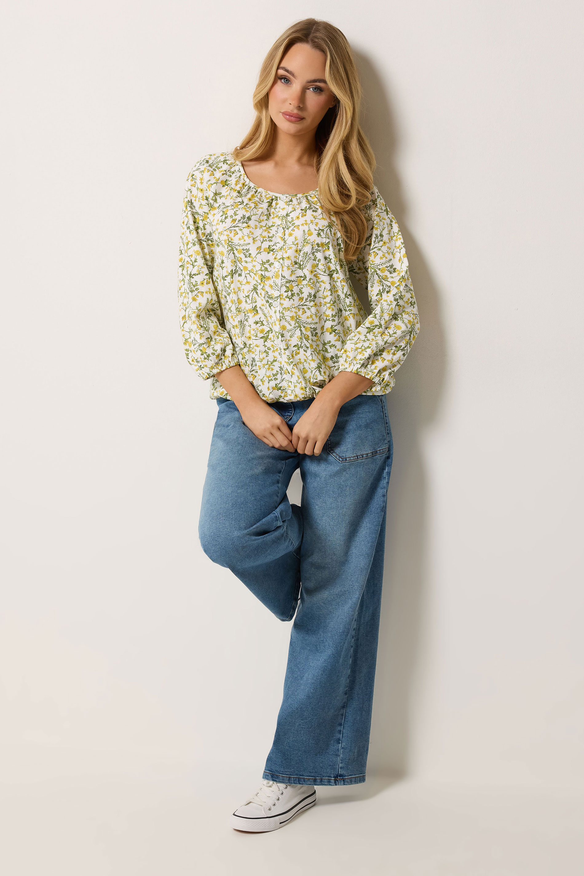 M&Co White & Yellow Floral Button Down Cotton Blouse | M&Co 1