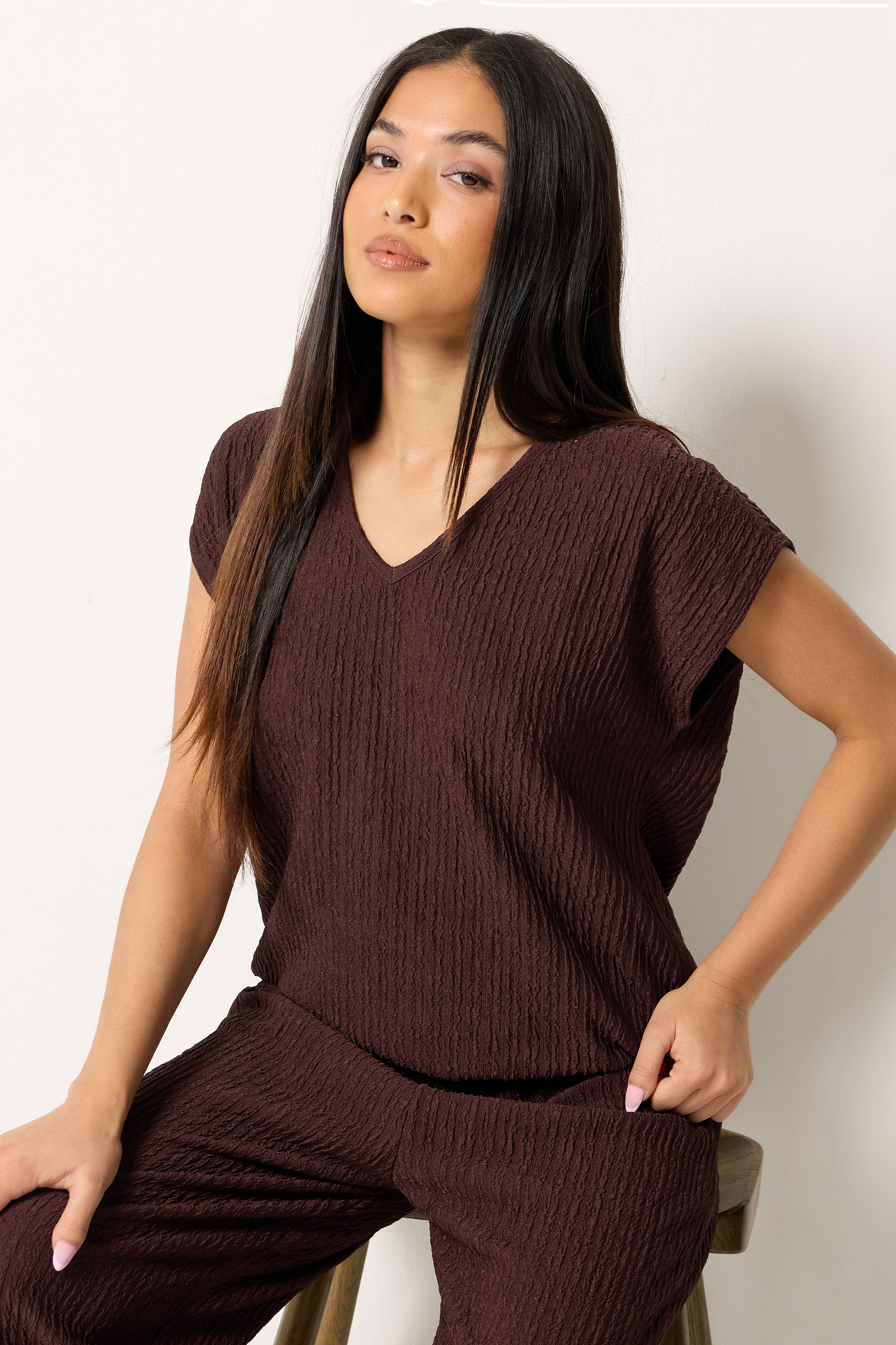 M&Co Petite Brown Textured V-Neck T-Shirt | M&Co 3