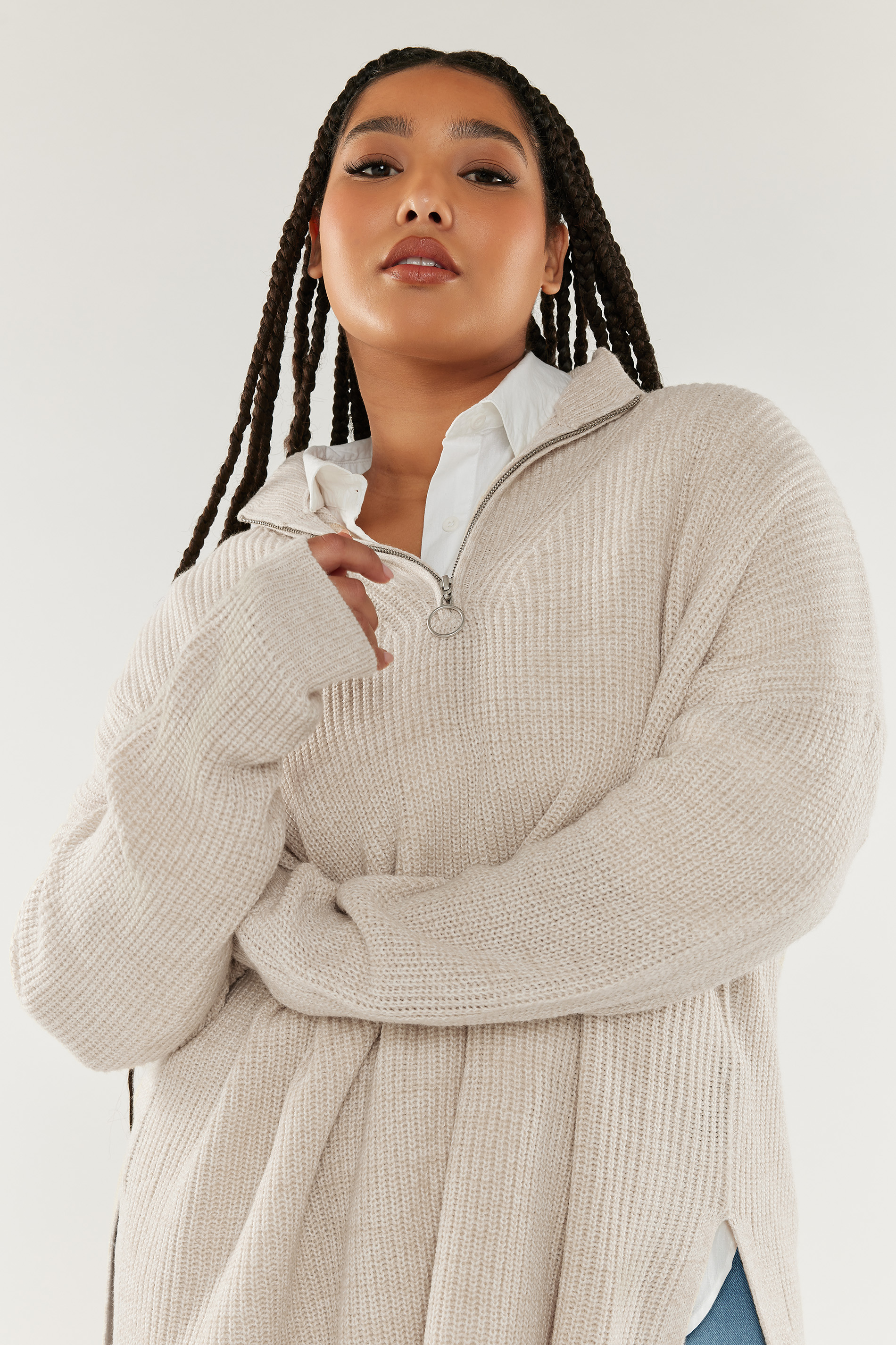 YOURS Plus Size Cream Quarter Zip Jumper | Yours Clothing 2