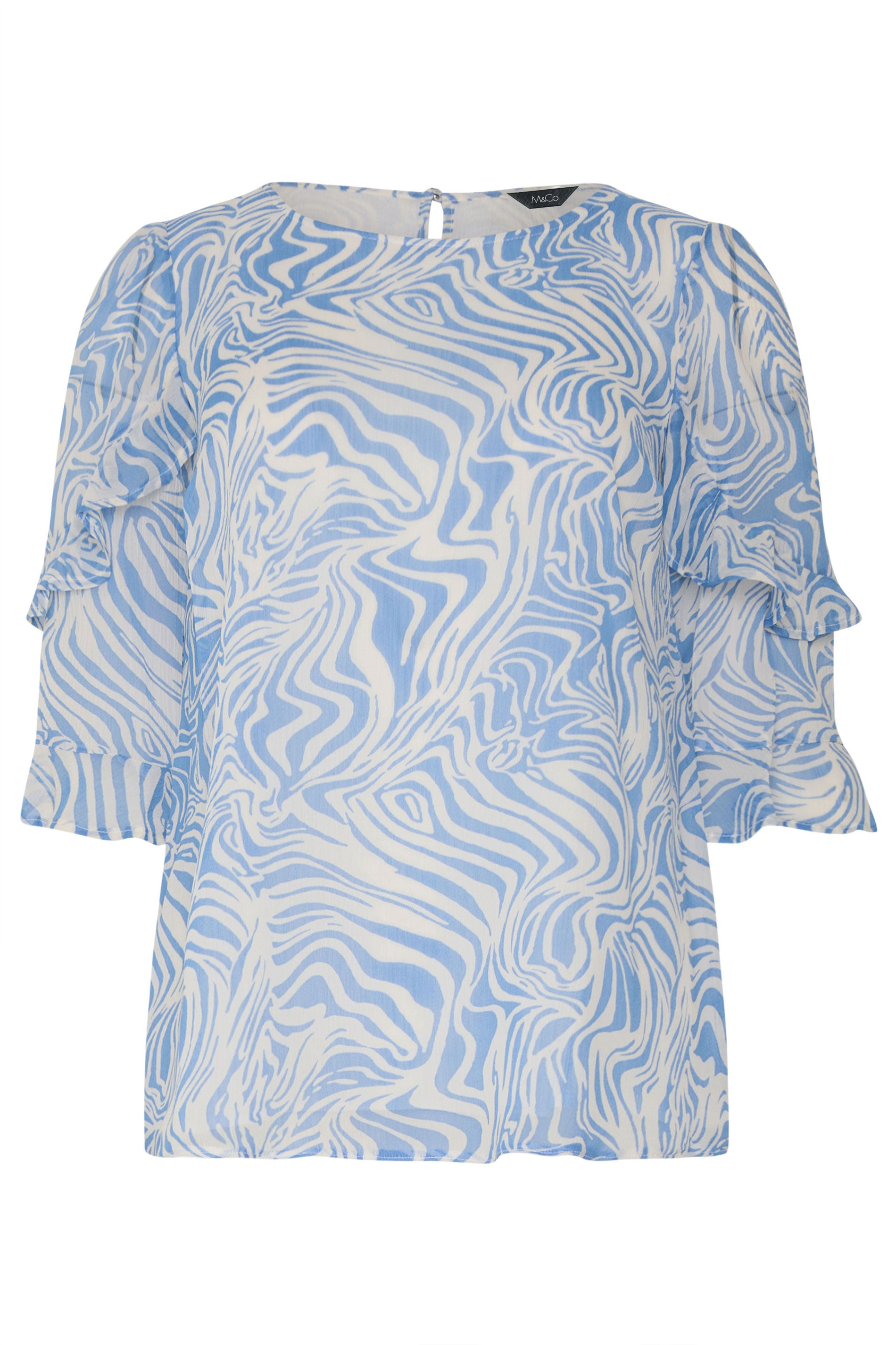 M&Co Blue & White Swirl Print Frill Sleeve Blouse | M&Co 5