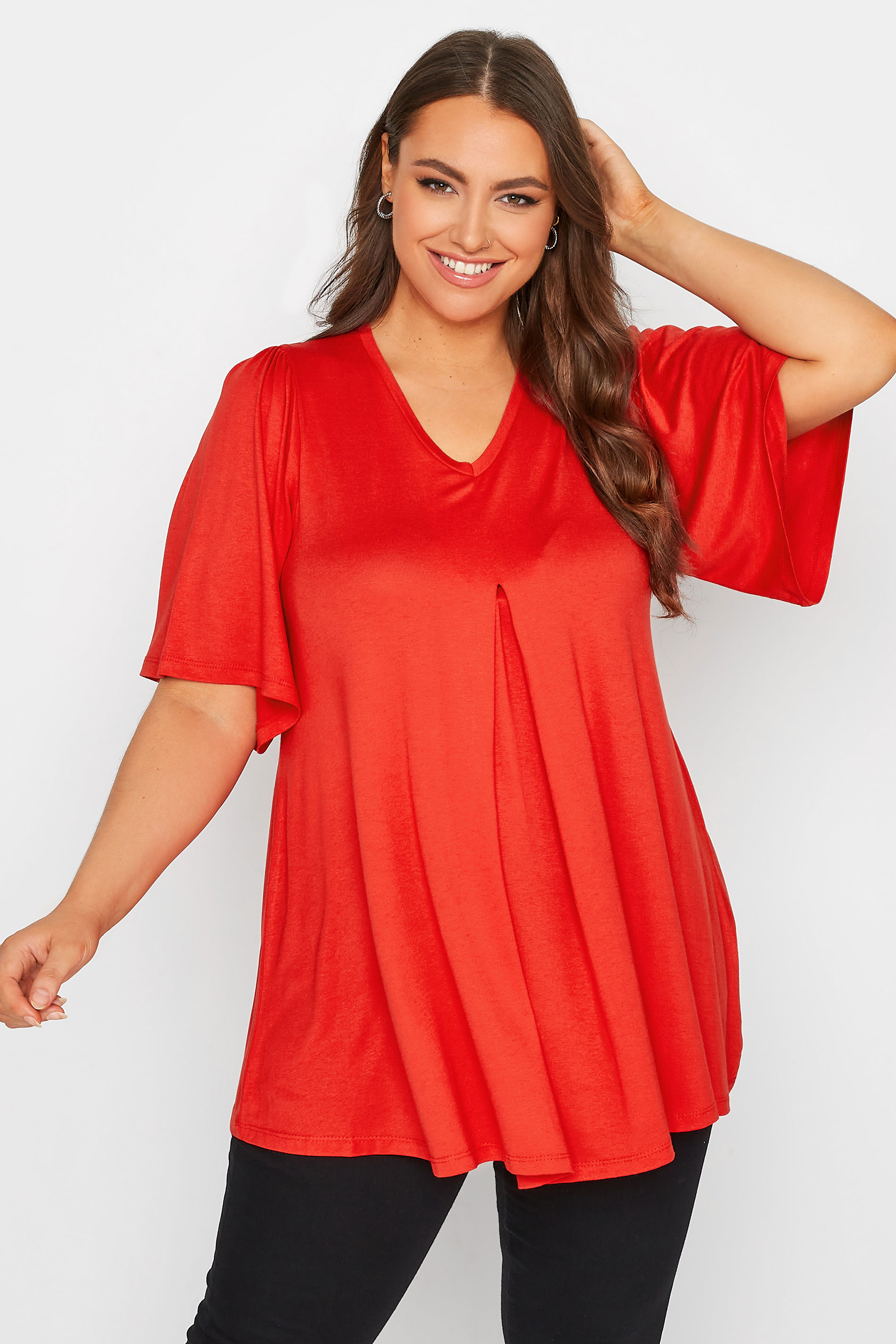 Plus Size Red Pleat Angel Sleeve Swing Top | Yours Clothing 1
