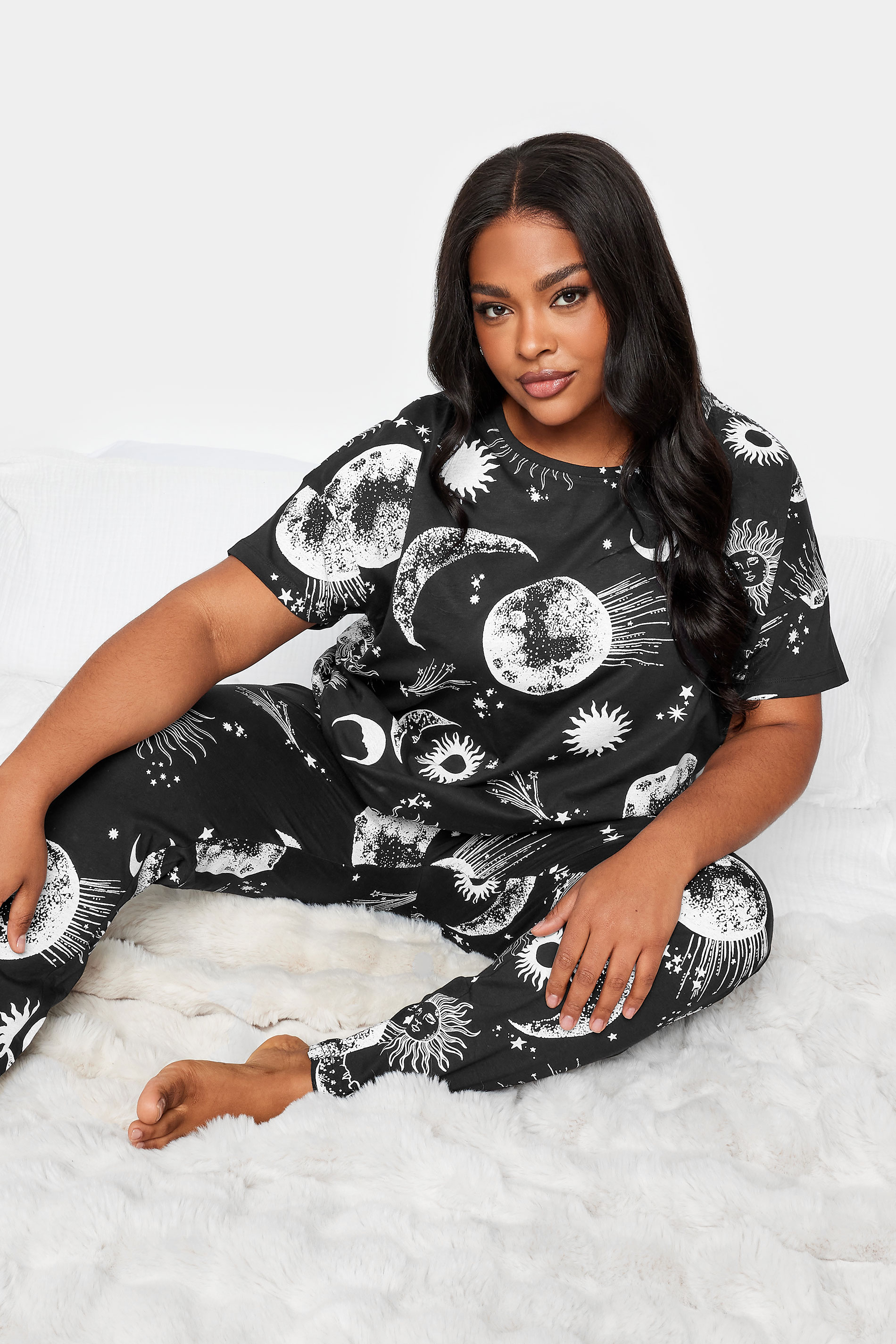 YOURS Plus Size Black Celestial Print Pyjama Set | Yours Clothing 1