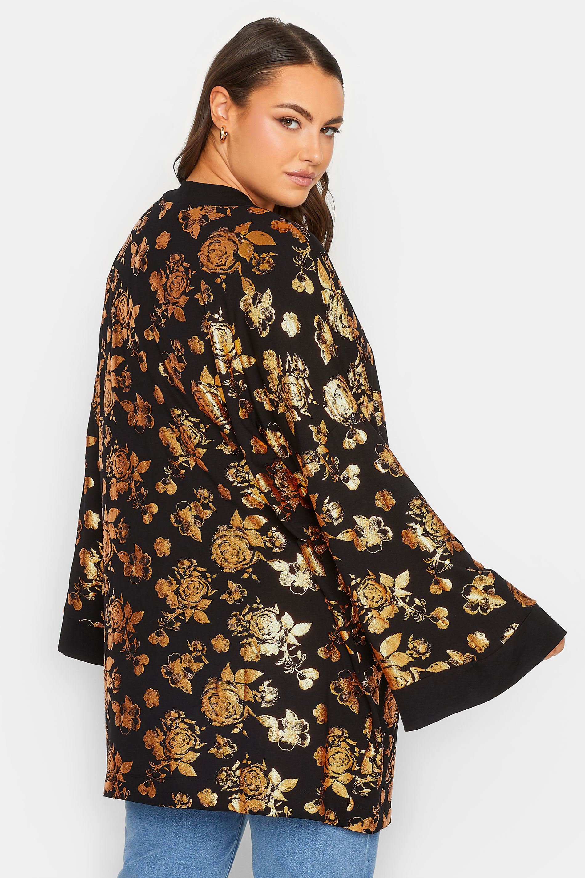 YOURS LUXURY Curve Black & Orange Foil Floral Cardigan